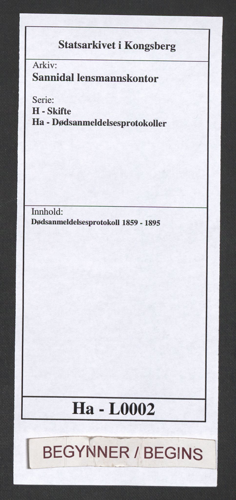 Sannidal lensmannskontor, SAKO/A-569/H/Ha/L0002: Dødsanmeldelsesprotokoll, 1859-1895