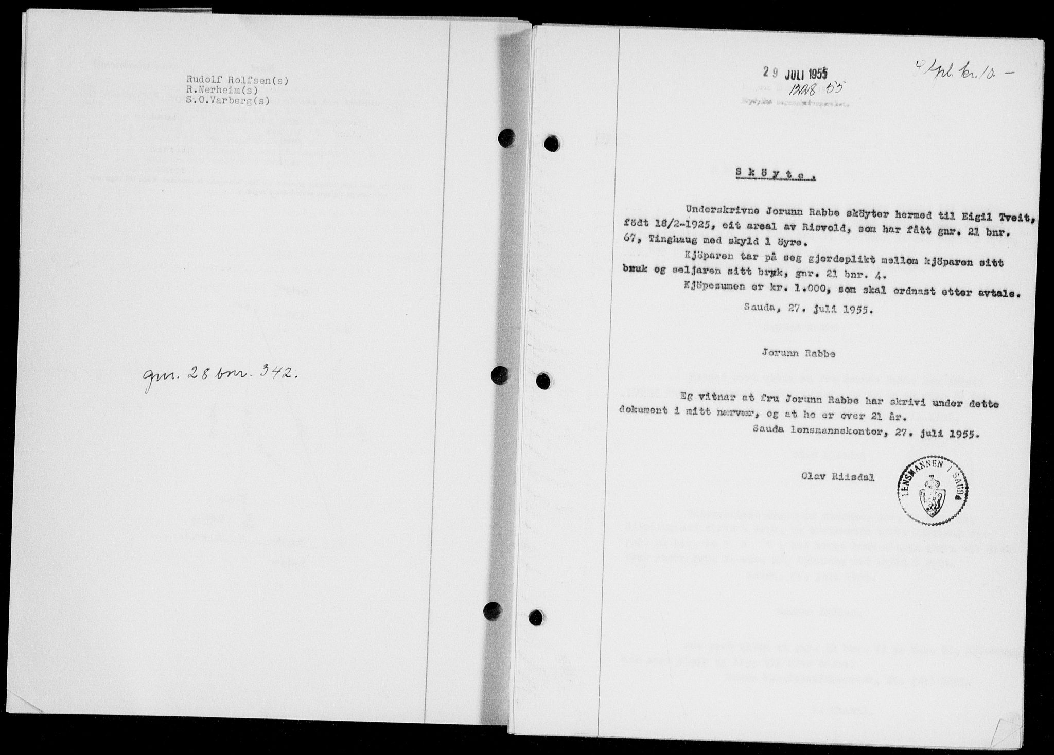 Ryfylke tingrett, SAST/A-100055/001/II/IIB/L0130: Pantebok nr. 109, 1955-1955, Dagboknr: 1228/1955