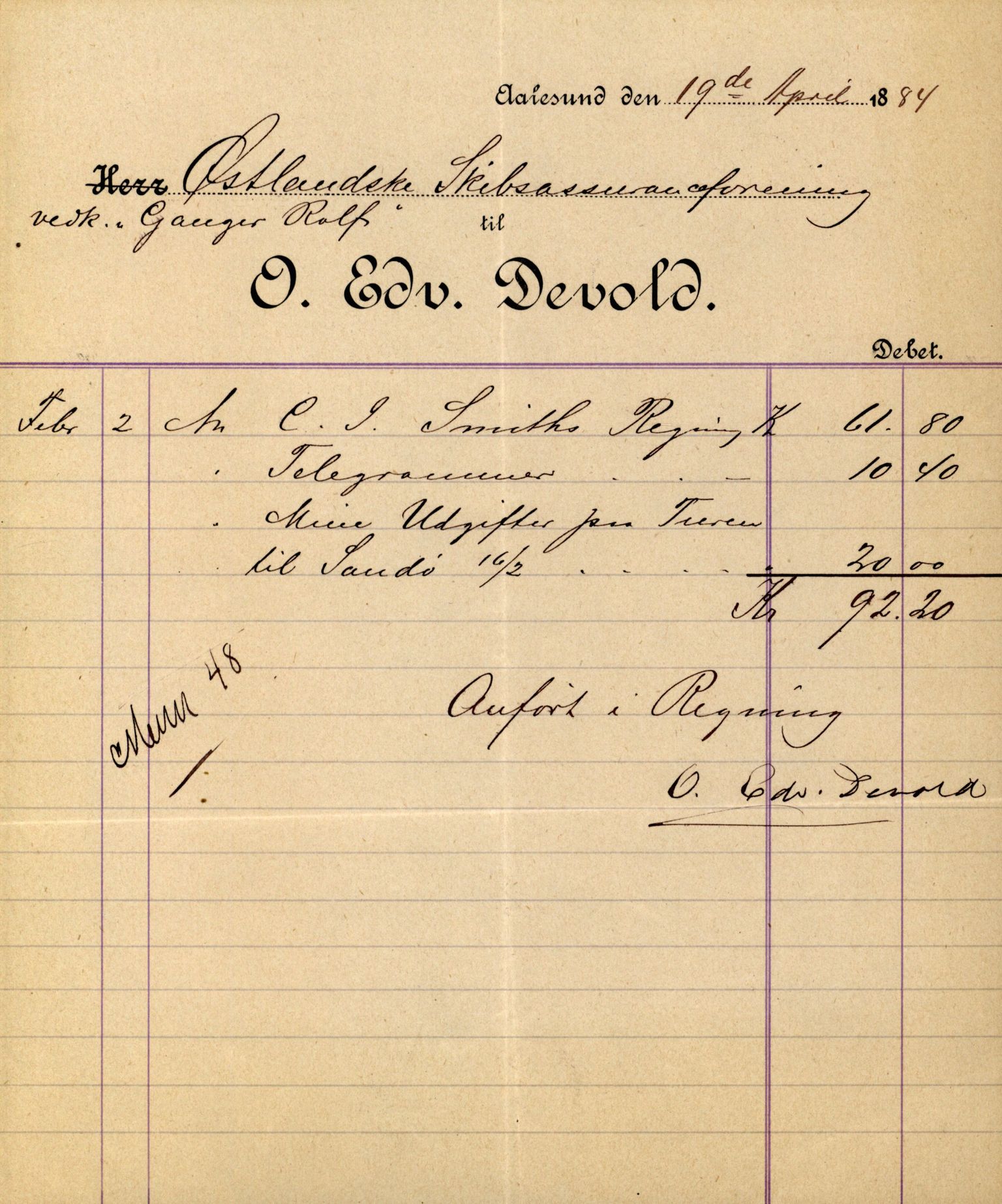 Pa 63 - Østlandske skibsassuranceforening, VEMU/A-1079/G/Ga/L0017/0011: Havaridokumenter / Andover, Amicitia, Bratsberg, Ganger Rolf, 1884, s. 36