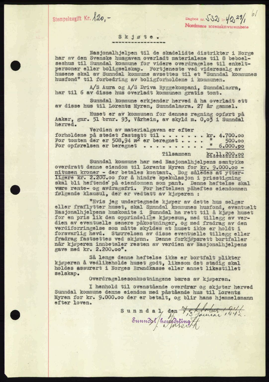 Nordmøre sorenskriveri, AV/SAT-A-4132/1/2/2Ca: Pantebok nr. A92, 1942-1942, Dagboknr: 532/1942