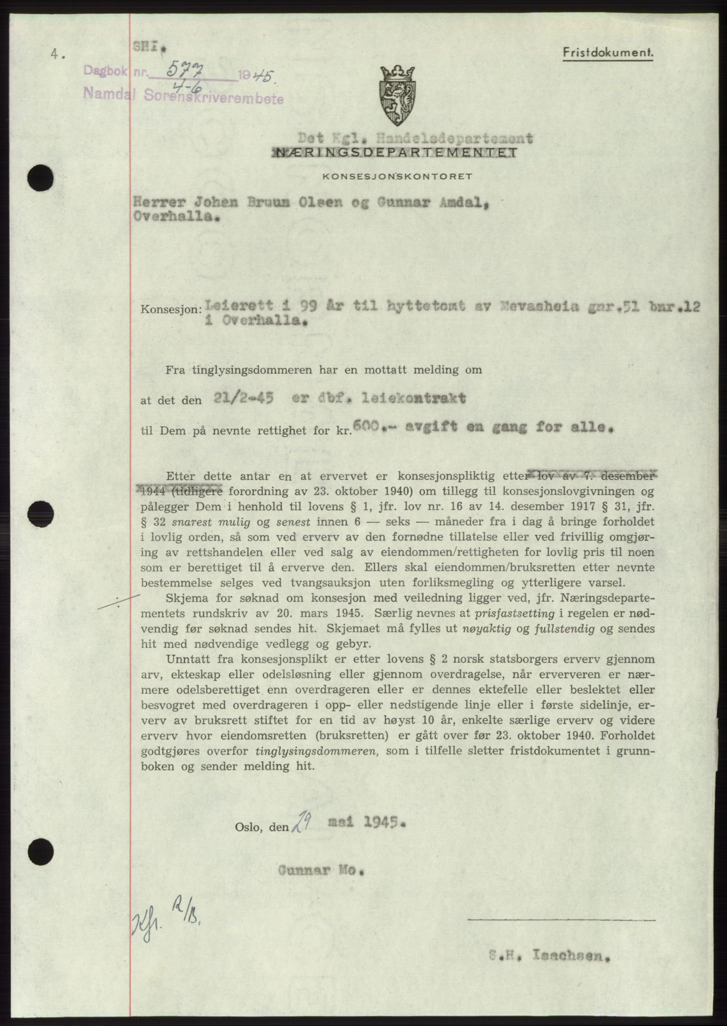 Namdal sorenskriveri, SAT/A-4133/1/2/2C: Pantebok nr. -, 1944-1945, Dagboknr: 577/1945
