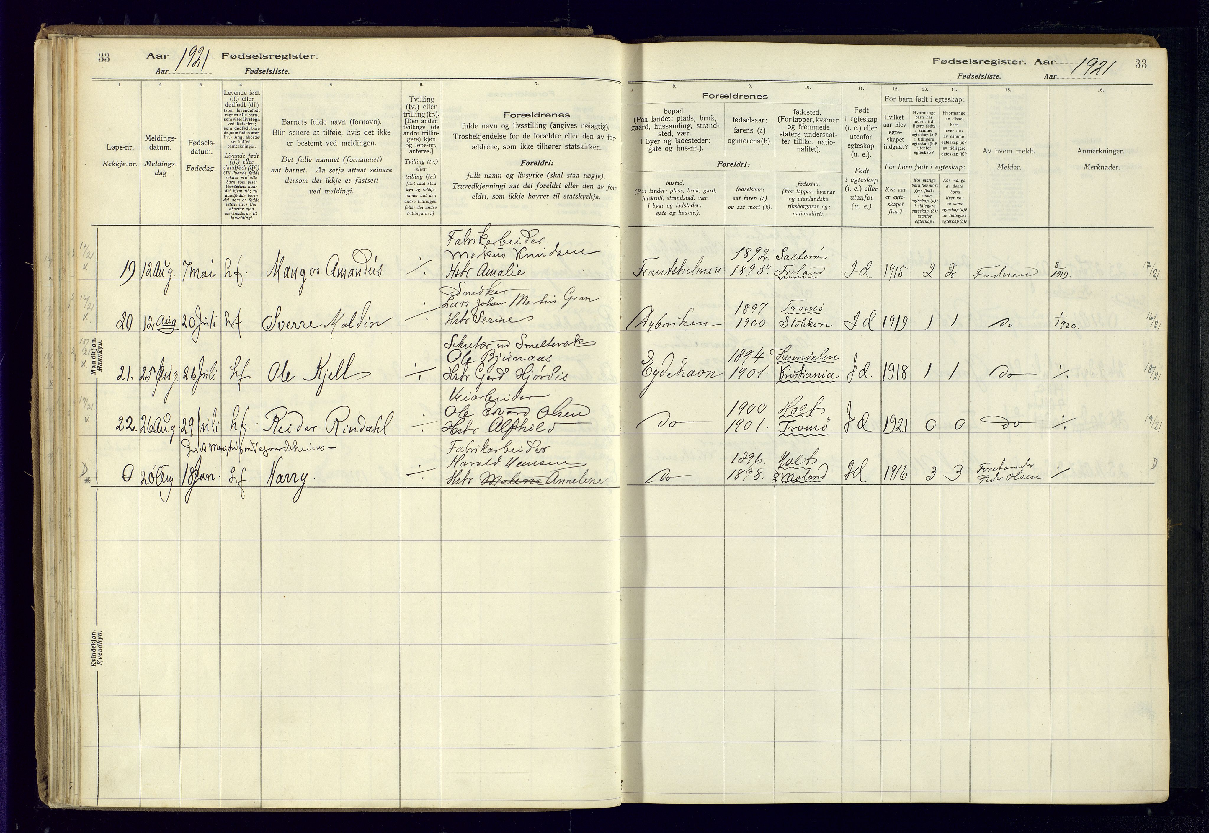 Austre Moland sokneprestkontor, AV/SAK-1111-0001/J/Ja/L0003: Fødselsregister nr. A-VI-27, 1916-1950, s. 33