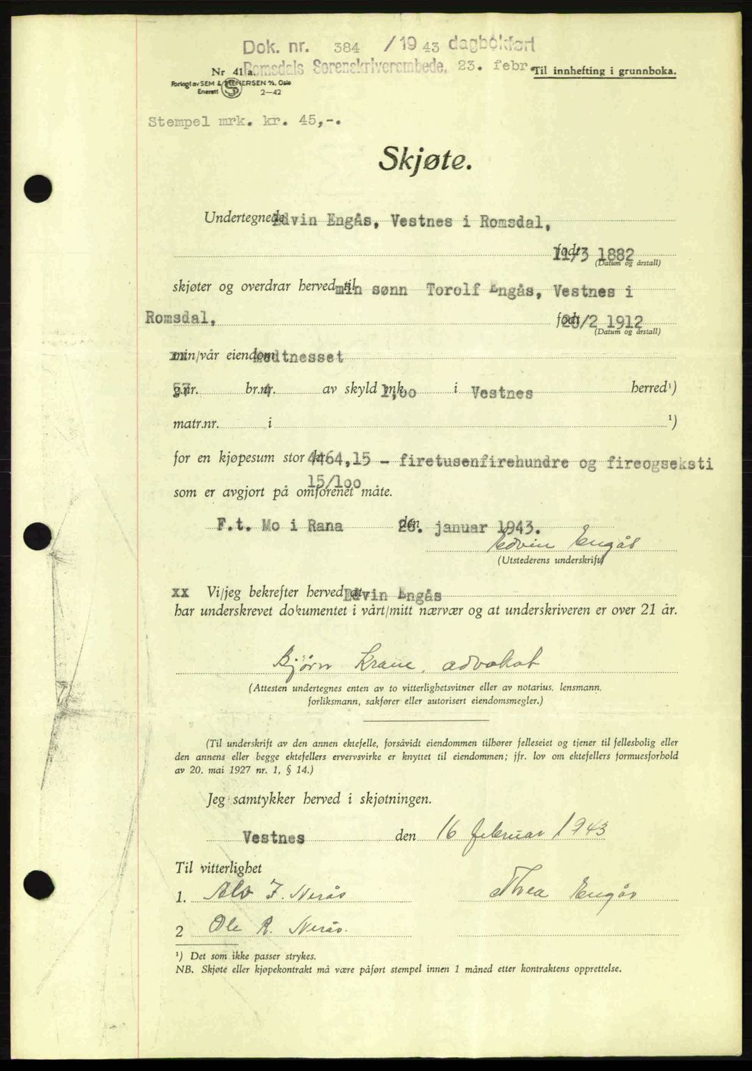 Romsdal sorenskriveri, AV/SAT-A-4149/1/2/2C: Pantebok nr. A13, 1942-1943, Dagboknr: 384/1943