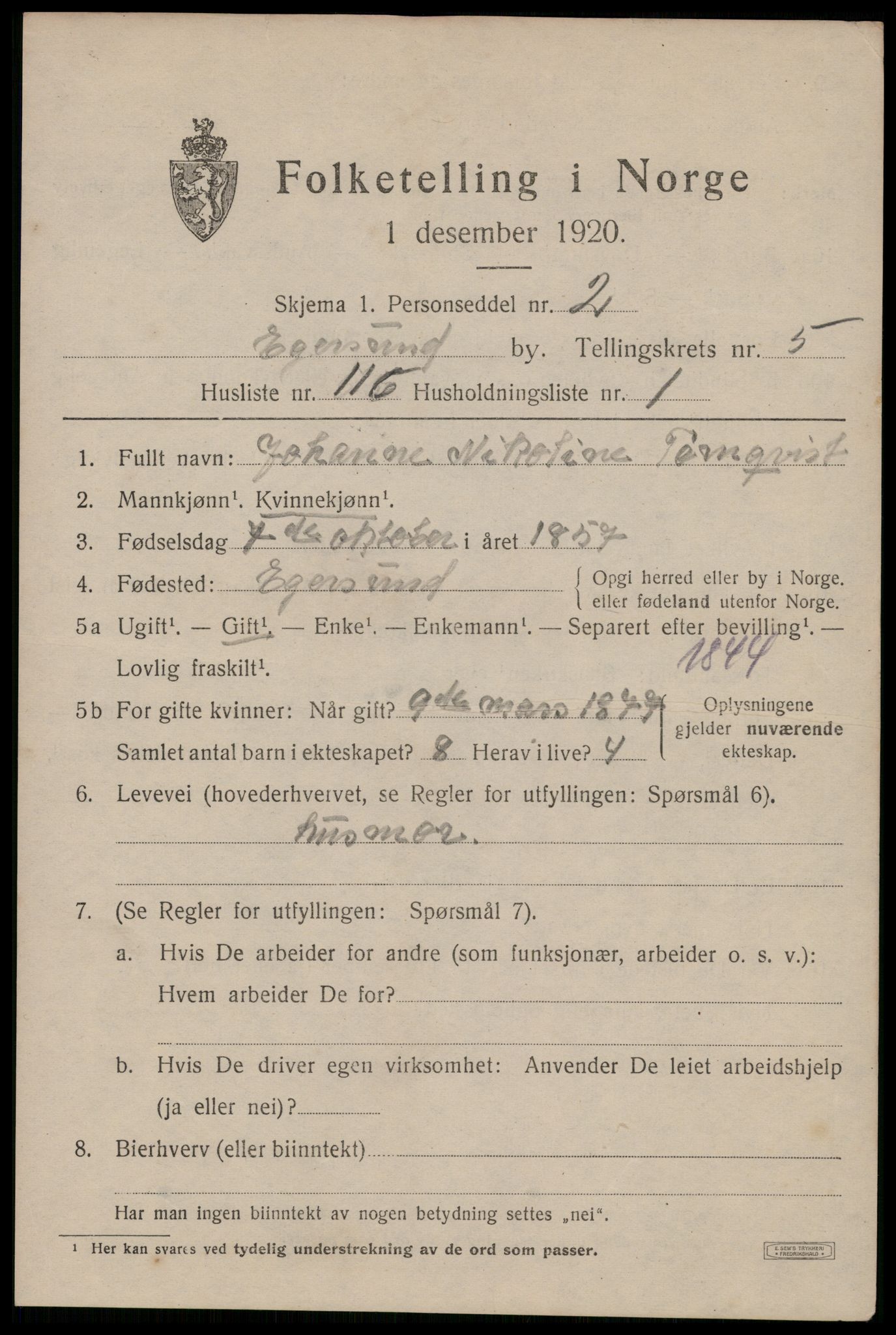 SAST, Folketelling 1920 for 1101 Egersund ladested, 1920, s. 9696