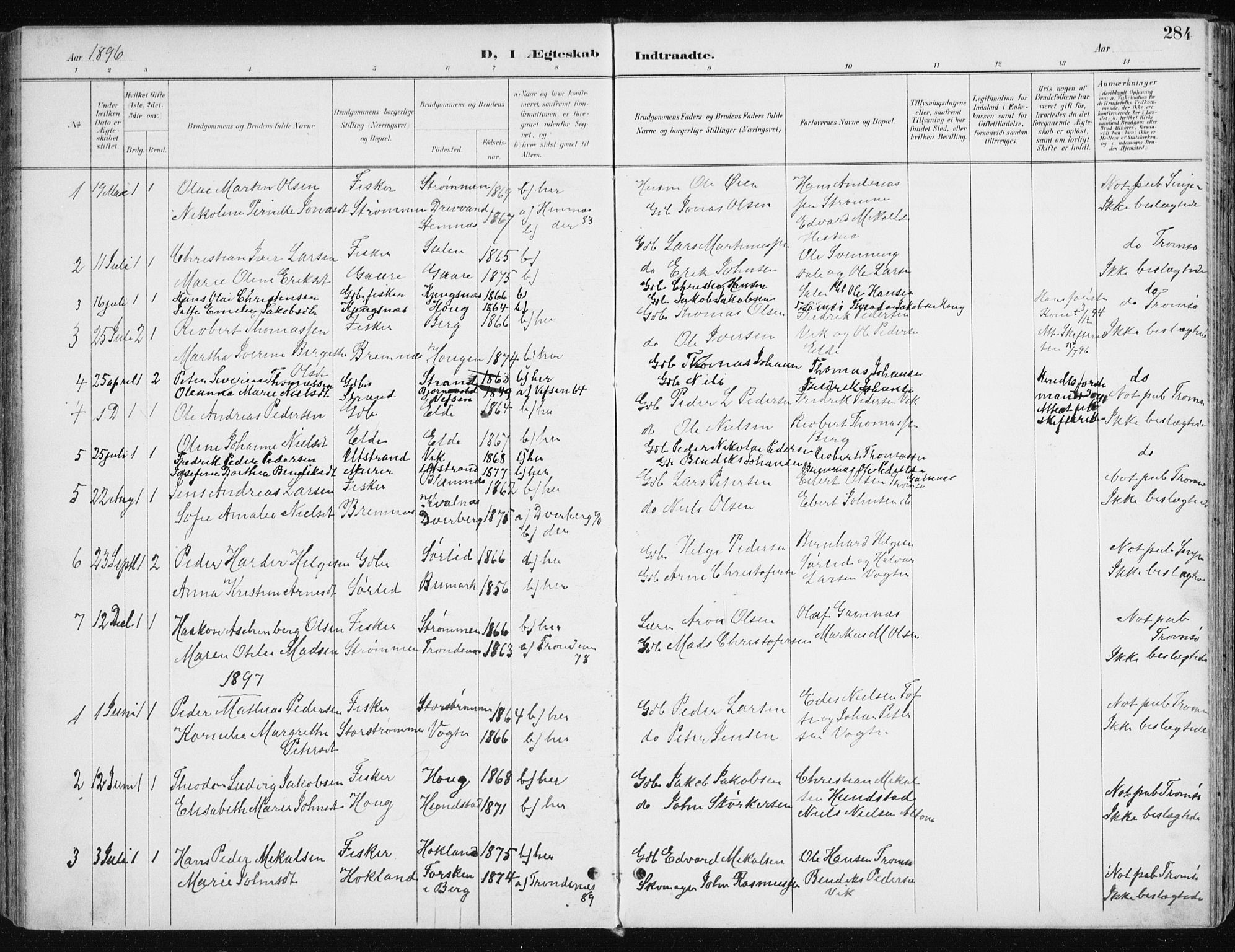 Kvæfjord sokneprestkontor, AV/SATØ-S-1323/G/Ga/Gaa/L0006kirke: Ministerialbok nr. 6, 1895-1914, s. 284