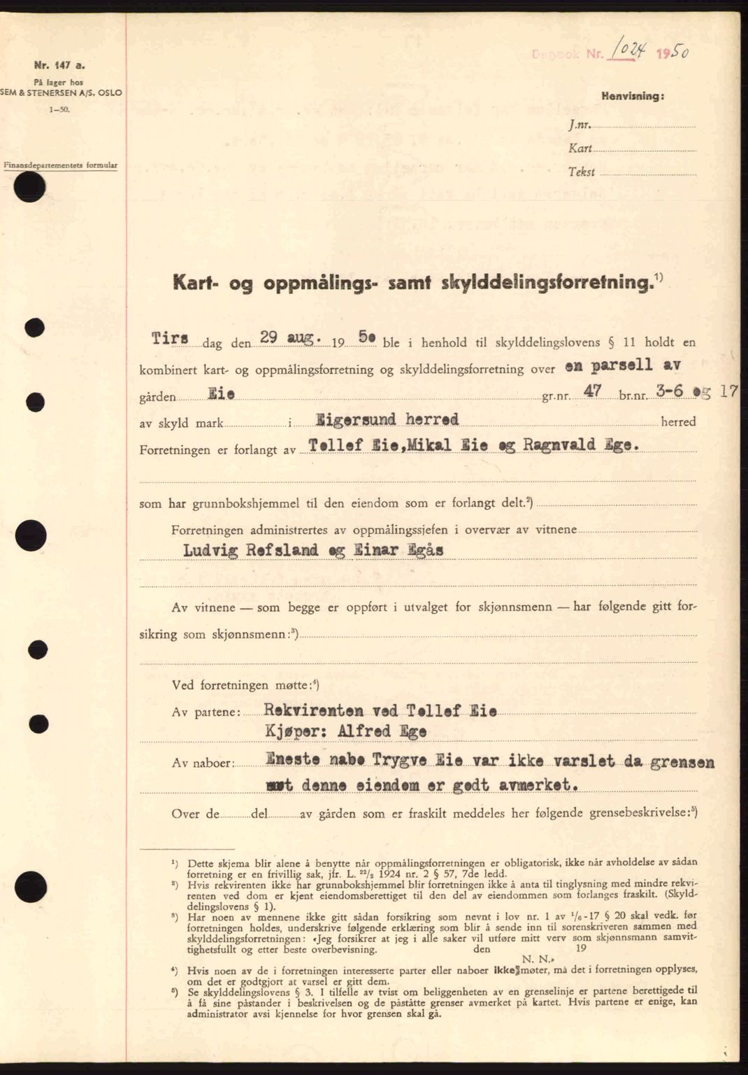 Dalane sorenskriveri, SAST/A-100309/02/G/Gb/L0055: Pantebok nr. A15, 1950-1950, Dagboknr: 1024/1950
