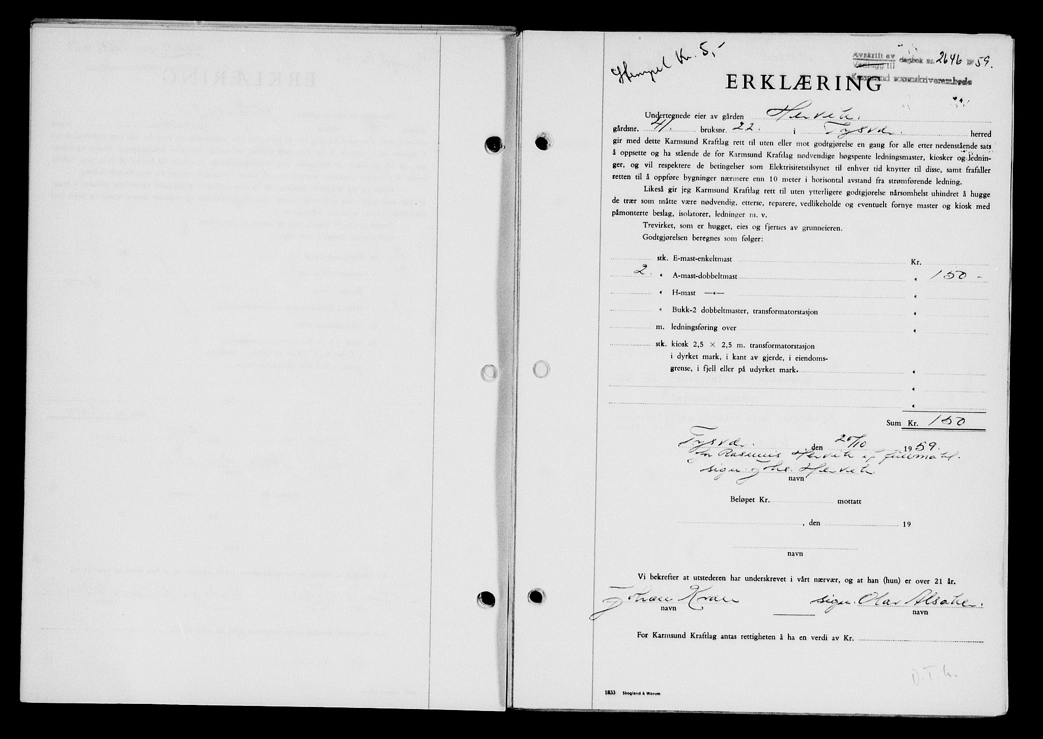 Karmsund sorenskriveri, SAST/A-100311/01/II/IIB/L0132: Pantebok nr. 112A, 1959-1959, Dagboknr: 2646/1959