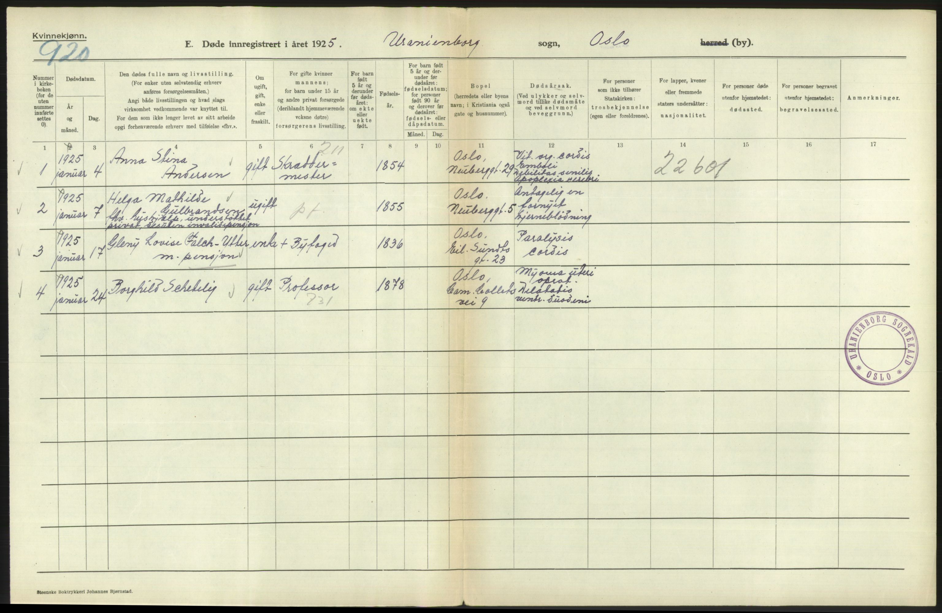 Statistisk sentralbyrå, Sosiodemografiske emner, Befolkning, AV/RA-S-2228/D/Df/Dfc/Dfce/L0010: Oslo: Døde kvinner, dødfødte, 1925, s. 154