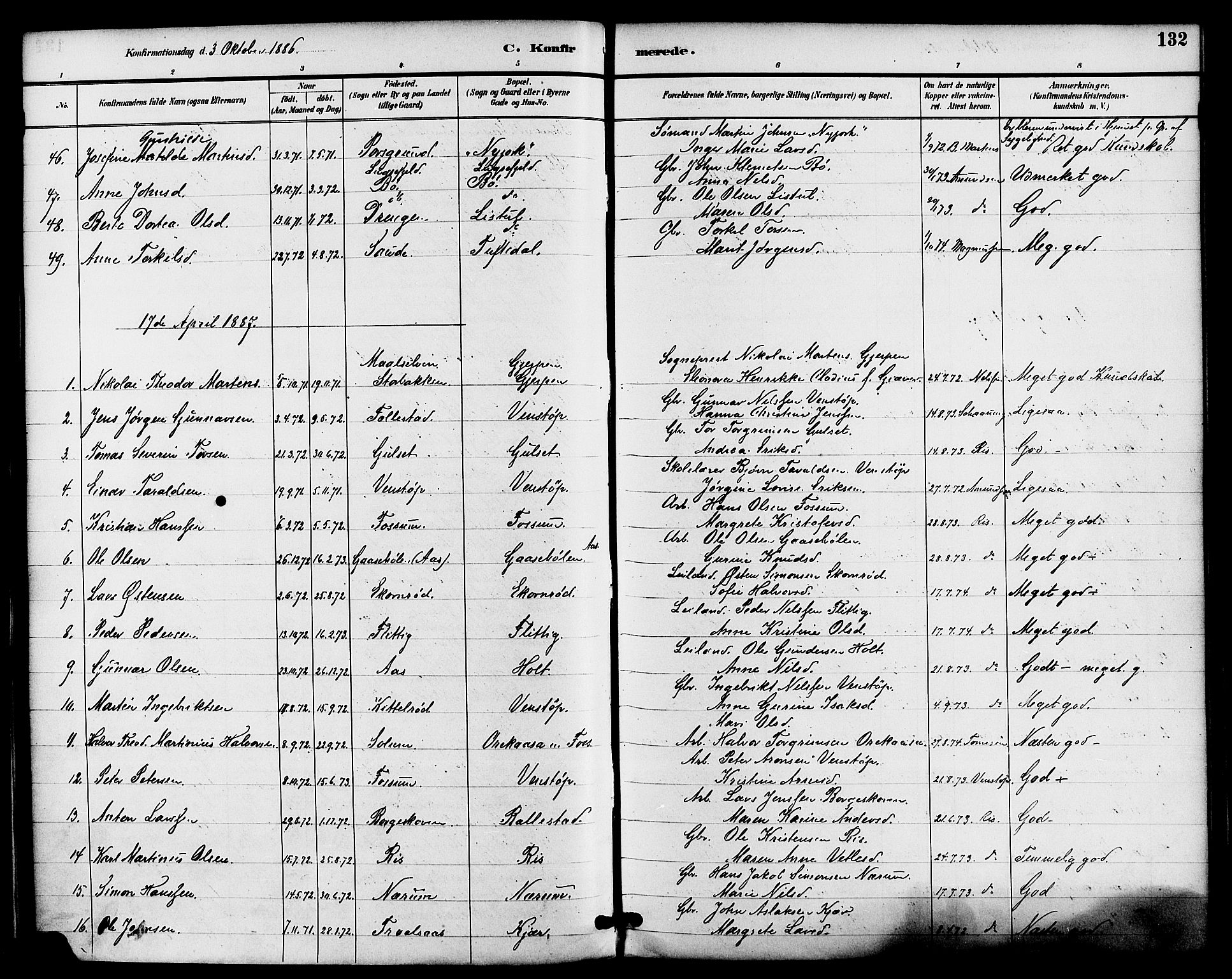Gjerpen kirkebøker, AV/SAKO-A-265/F/Fa/L0010: Ministerialbok nr. I 10, 1886-1895, s. 132