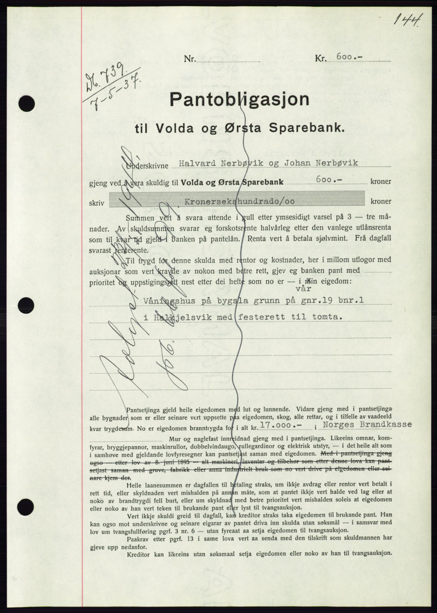 Søre Sunnmøre sorenskriveri, AV/SAT-A-4122/1/2/2C/L0063: Pantebok nr. 57, 1937-1937, Dagboknr: 739/1937