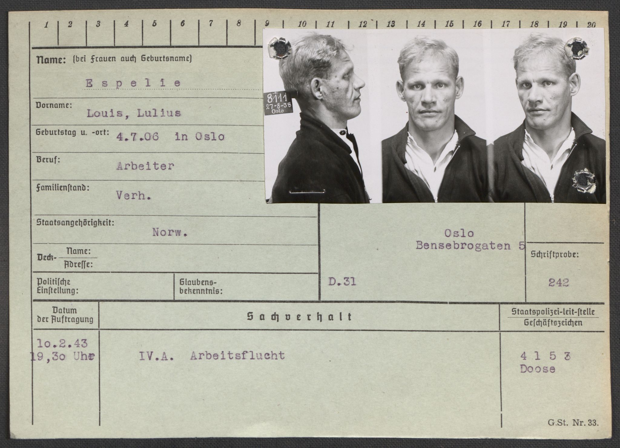 Befehlshaber der Sicherheitspolizei und des SD, AV/RA-RAFA-5969/E/Ea/Eaa/L0003: Register over norske fanger i Møllergata 19: Eng-Hag, 1940-1945, s. 170