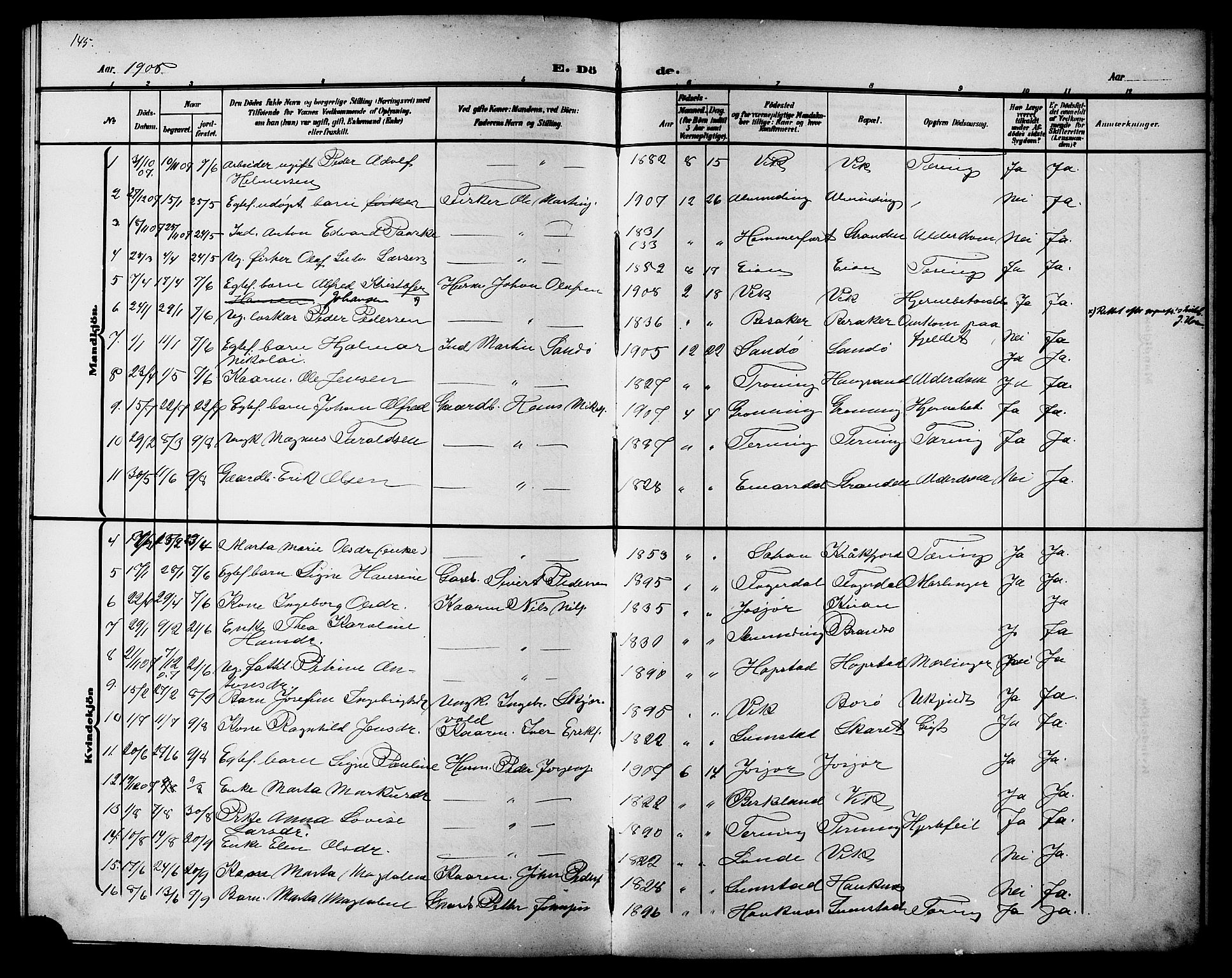 Ministerialprotokoller, klokkerbøker og fødselsregistre - Sør-Trøndelag, SAT/A-1456/657/L0717: Klokkerbok nr. 657C04, 1904-1923, s. 145