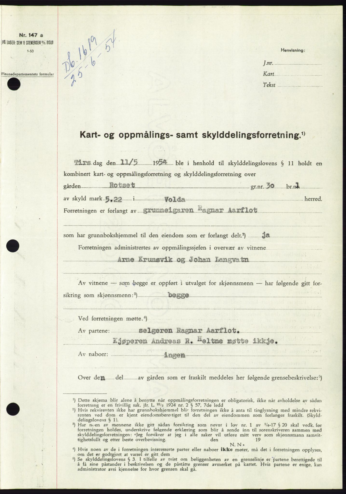 Søre Sunnmøre sorenskriveri, SAT/A-4122/1/2/2C/L0098: Pantebok nr. 24A, 1954-1954, Dagboknr: 1619/1954