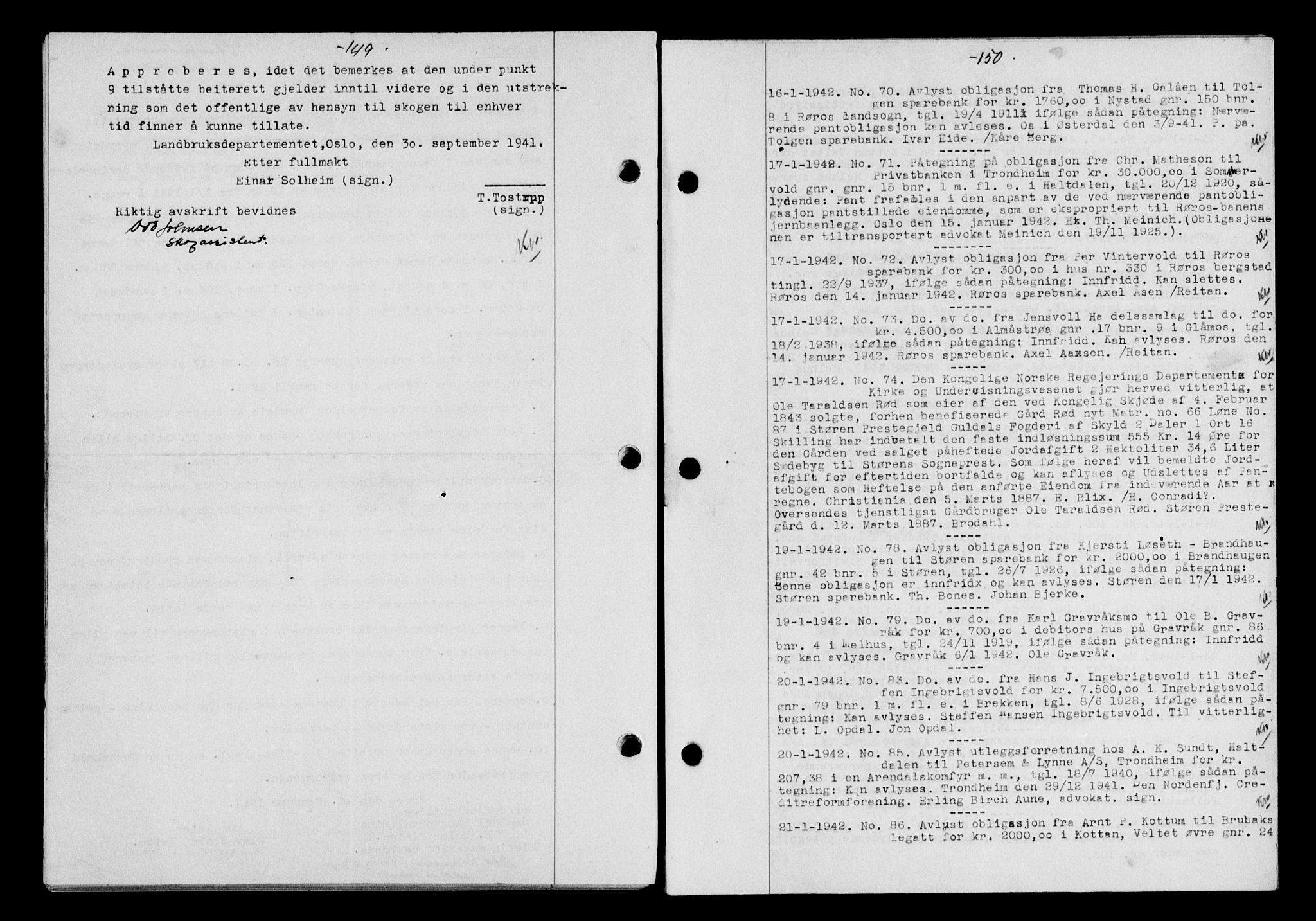 Gauldal sorenskriveri, SAT/A-0014/1/2/2C/L0054: Pantebok nr. 59, 1941-1942, Dagboknr: 70/1942