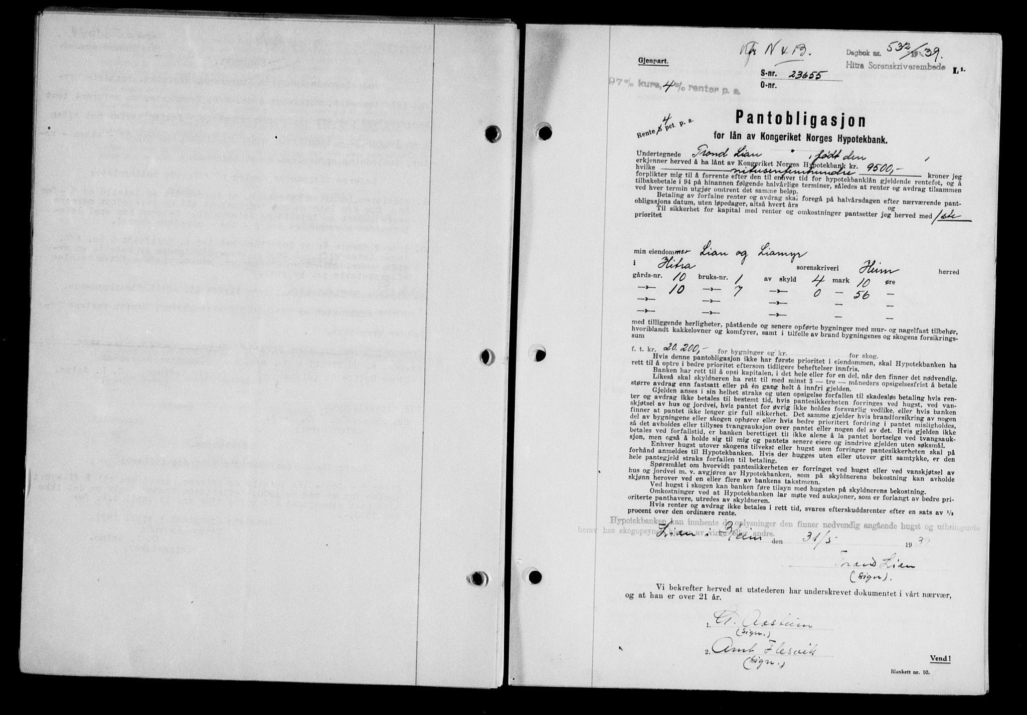 Hitra sorenskriveri, AV/SAT-A-0018/2/2C/2Ca/L0028: Pantebok nr. B-1, 1936-1939, Dagboknr: 532/1939