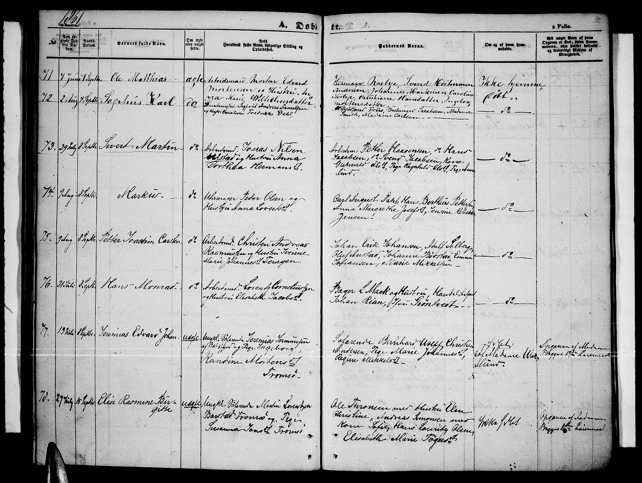Tromsø sokneprestkontor/stiftsprosti/domprosti, AV/SATØ-S-1343/G/Gb/L0006klokker: Klokkerbok nr. 6, 1857-1866, s. 42