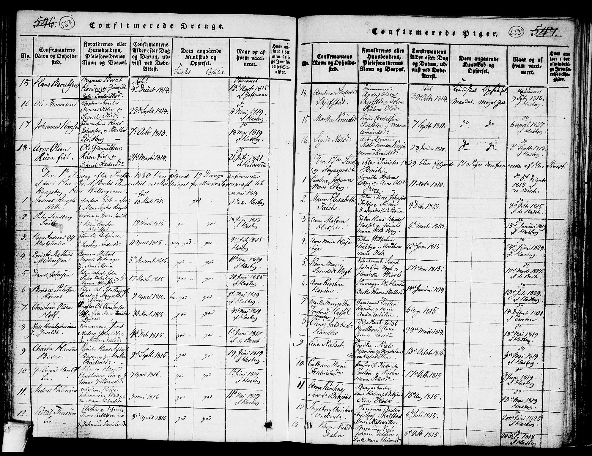 Kongsberg kirkebøker, AV/SAKO-A-22/G/Ga/L0001: Klokkerbok nr. 1, 1816-1839, s. 554-555
