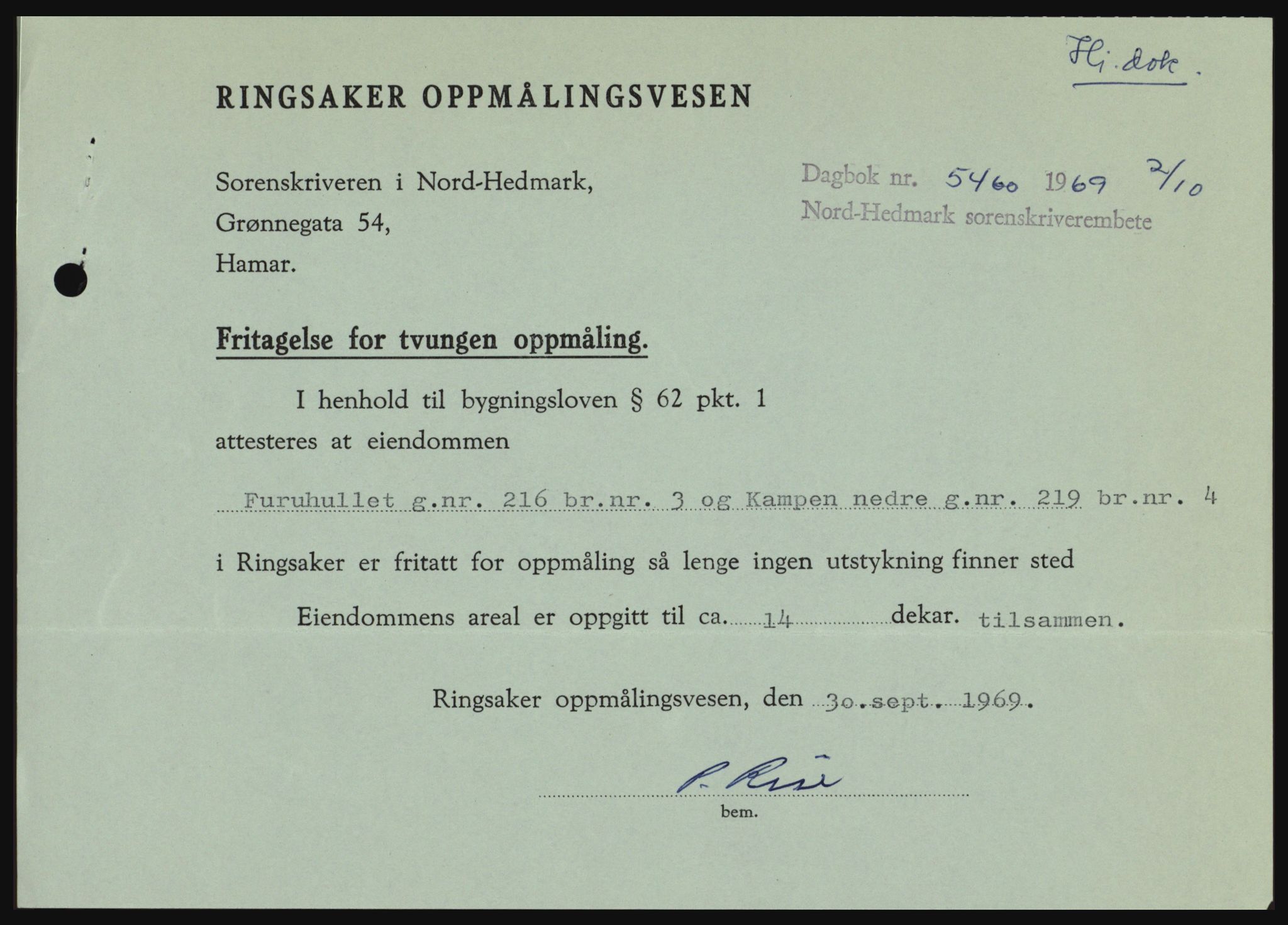 Nord-Hedmark sorenskriveri, SAH/TING-012/H/Hc/L0031: Pantebok nr. 31, 1969-1969, Dagboknr: 5460/1969