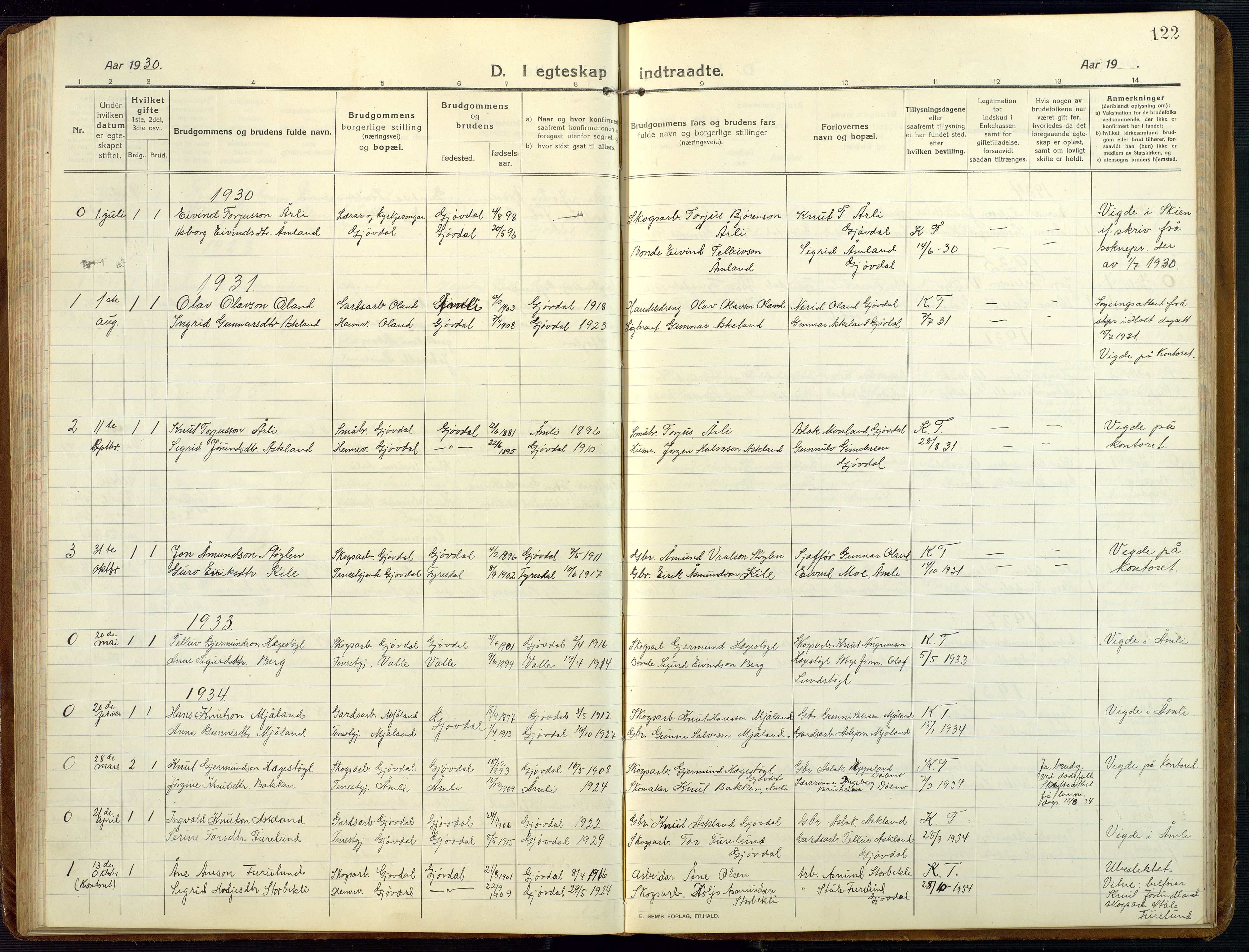Åmli sokneprestkontor, AV/SAK-1111-0050/F/Fb/Fba/L0003: Klokkerbok nr. B 3, 1912-1974, s. 122