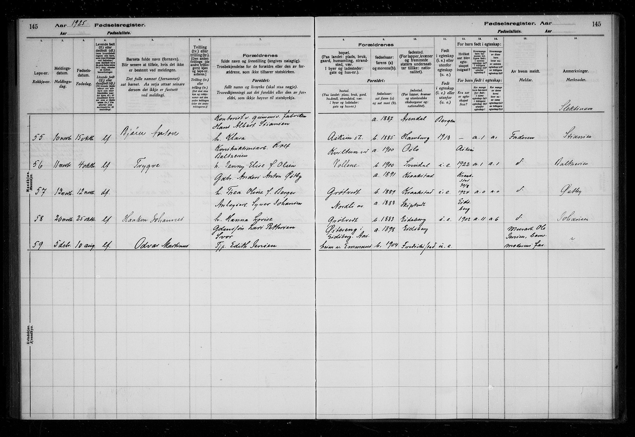 Askim prestekontor Kirkebøker, AV/SAO-A-10900/J/Ja/L0001: Fødselsregister nr. 1, 1916-1929, s. 145