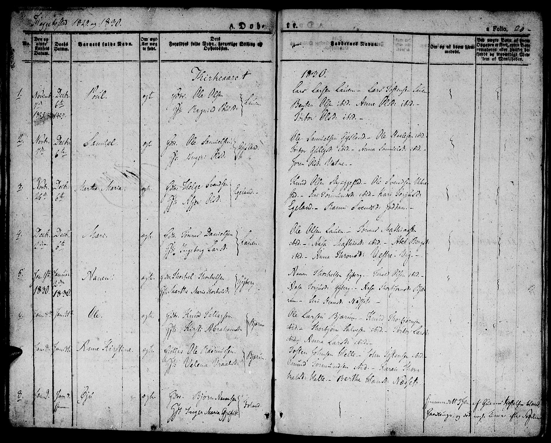 Hægebostad sokneprestkontor, AV/SAK-1111-0024/F/Fa/Faa/L0003: Ministerialbok nr. A 3 /1, 1825-1834, s. 20