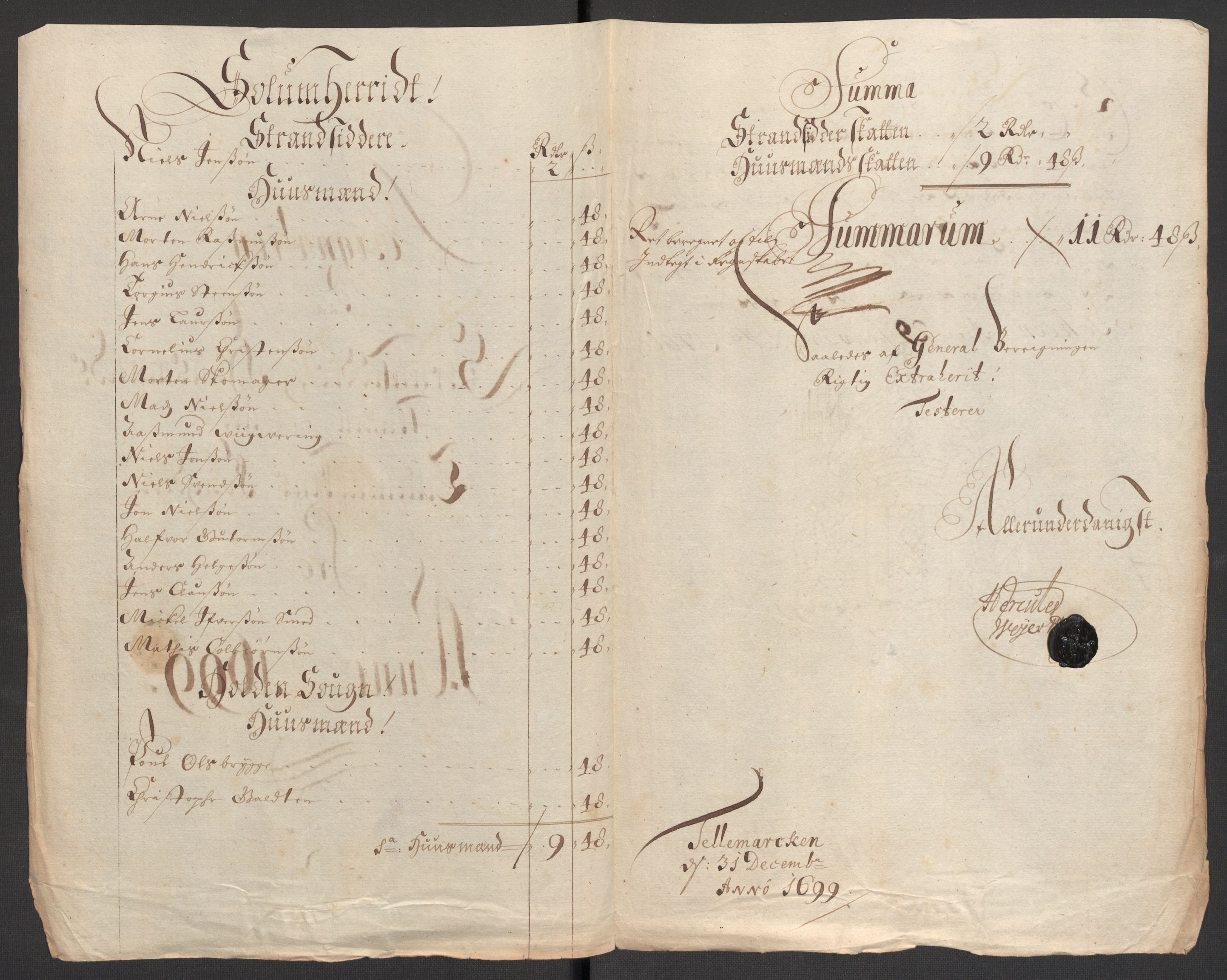 Rentekammeret inntil 1814, Reviderte regnskaper, Fogderegnskap, AV/RA-EA-4092/R36/L2101: Fogderegnskap Øvre og Nedre Telemark og Bamble, 1699, s. 42