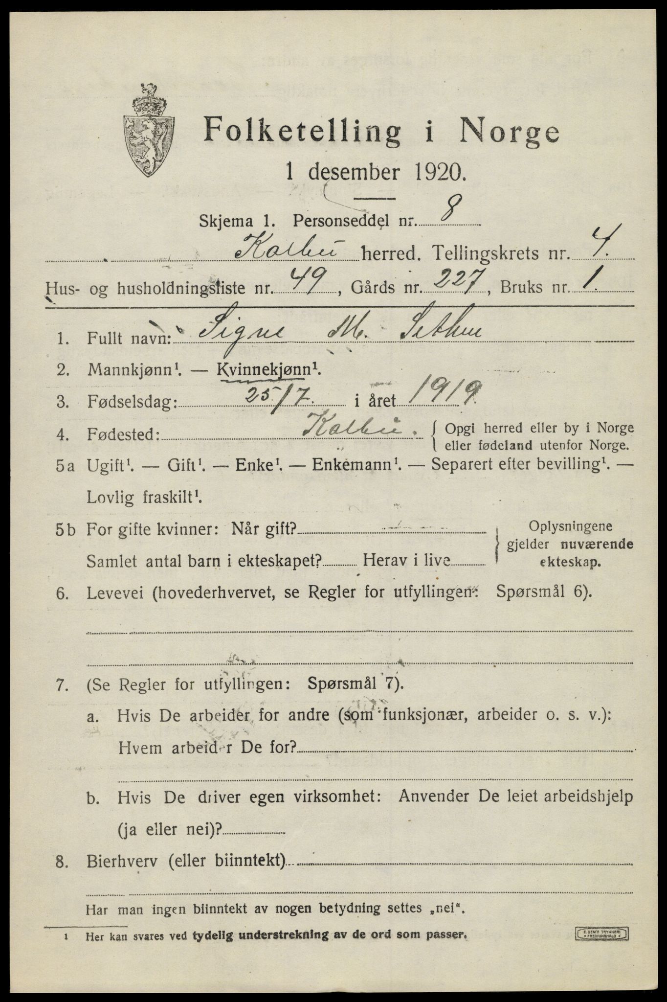 SAH, Folketelling 1920 for 0531 Kolbu herred, 1920, s. 3642