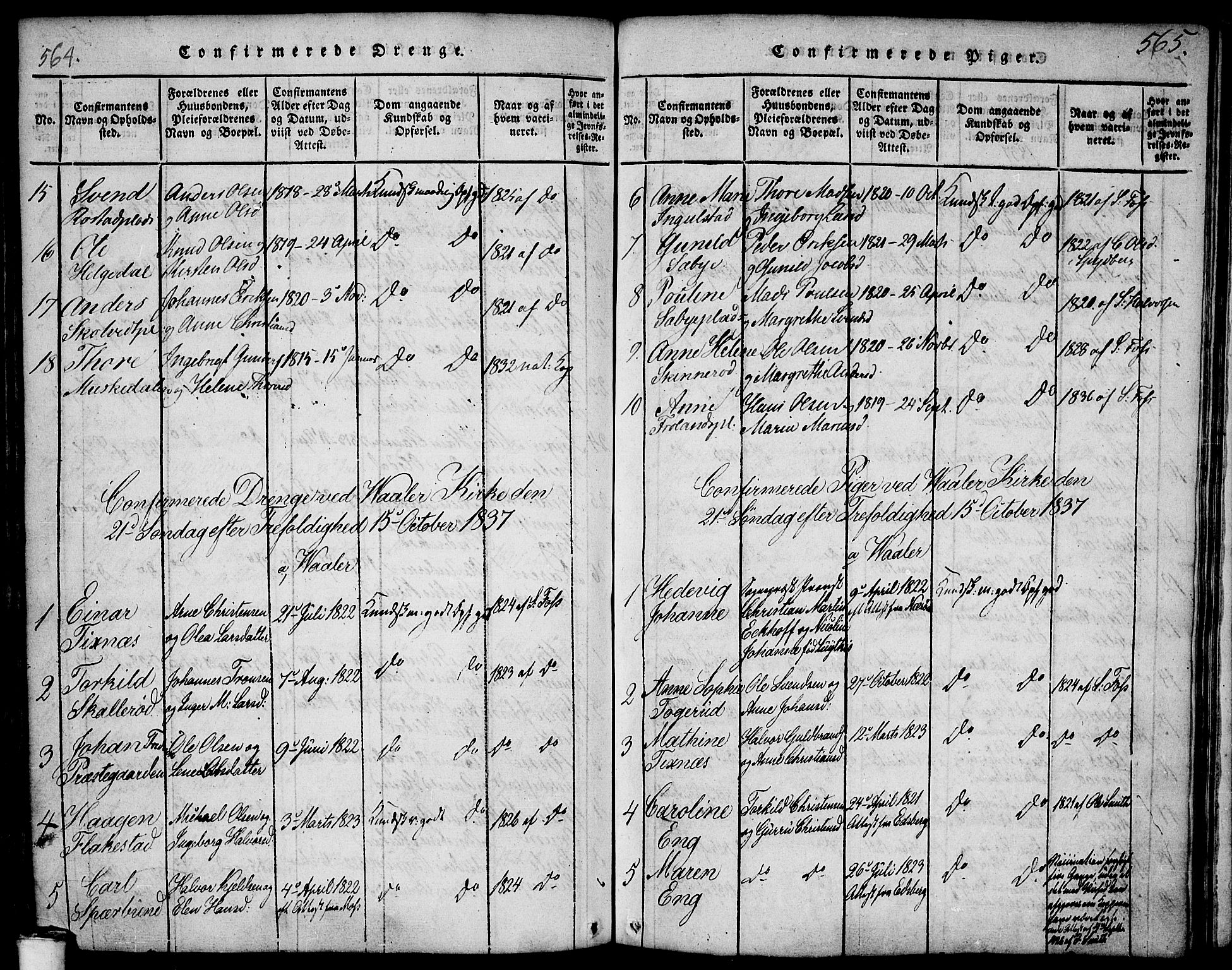 Våler prestekontor Kirkebøker, AV/SAO-A-11083/F/Fa/L0005: Ministerialbok nr. I 5, 1815-1839, s. 564-565