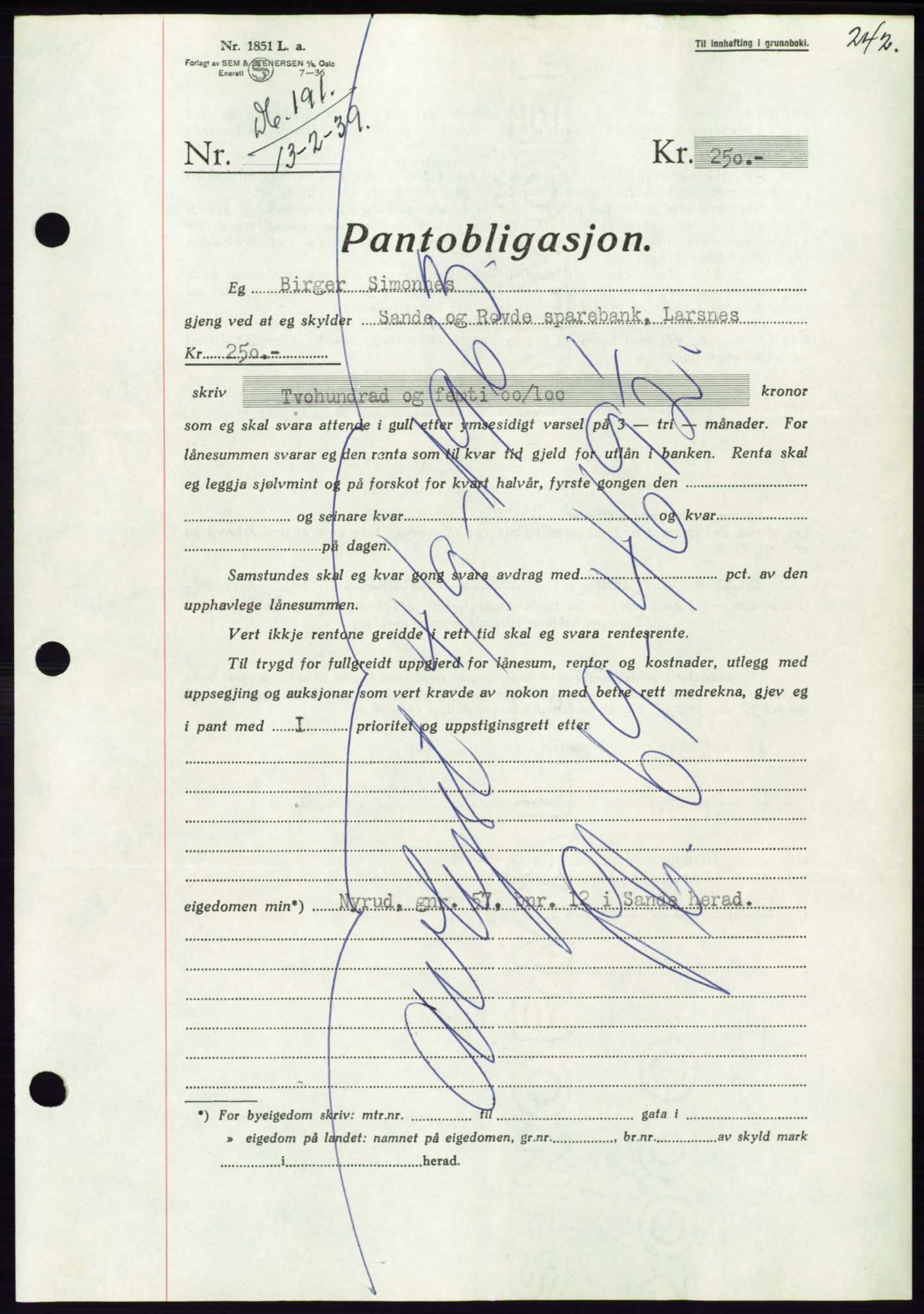 Søre Sunnmøre sorenskriveri, AV/SAT-A-4122/1/2/2C/L0067: Pantebok nr. 61, 1938-1939, Dagboknr: 191/1939