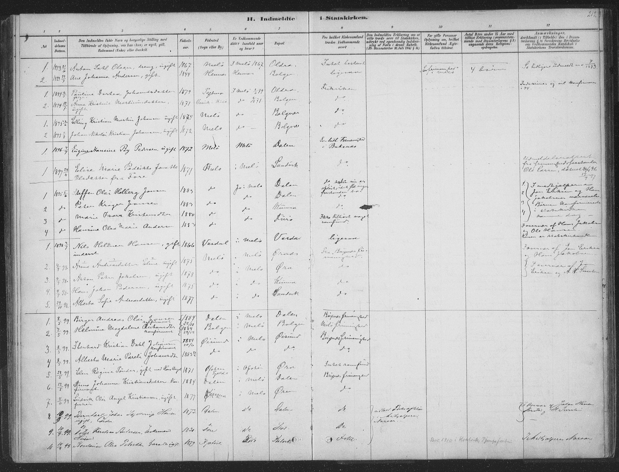 Ministerialprotokoller, klokkerbøker og fødselsregistre - Nordland, AV/SAT-A-1459/843/L0627: Ministerialbok nr. 843A02, 1878-1908, s. 212