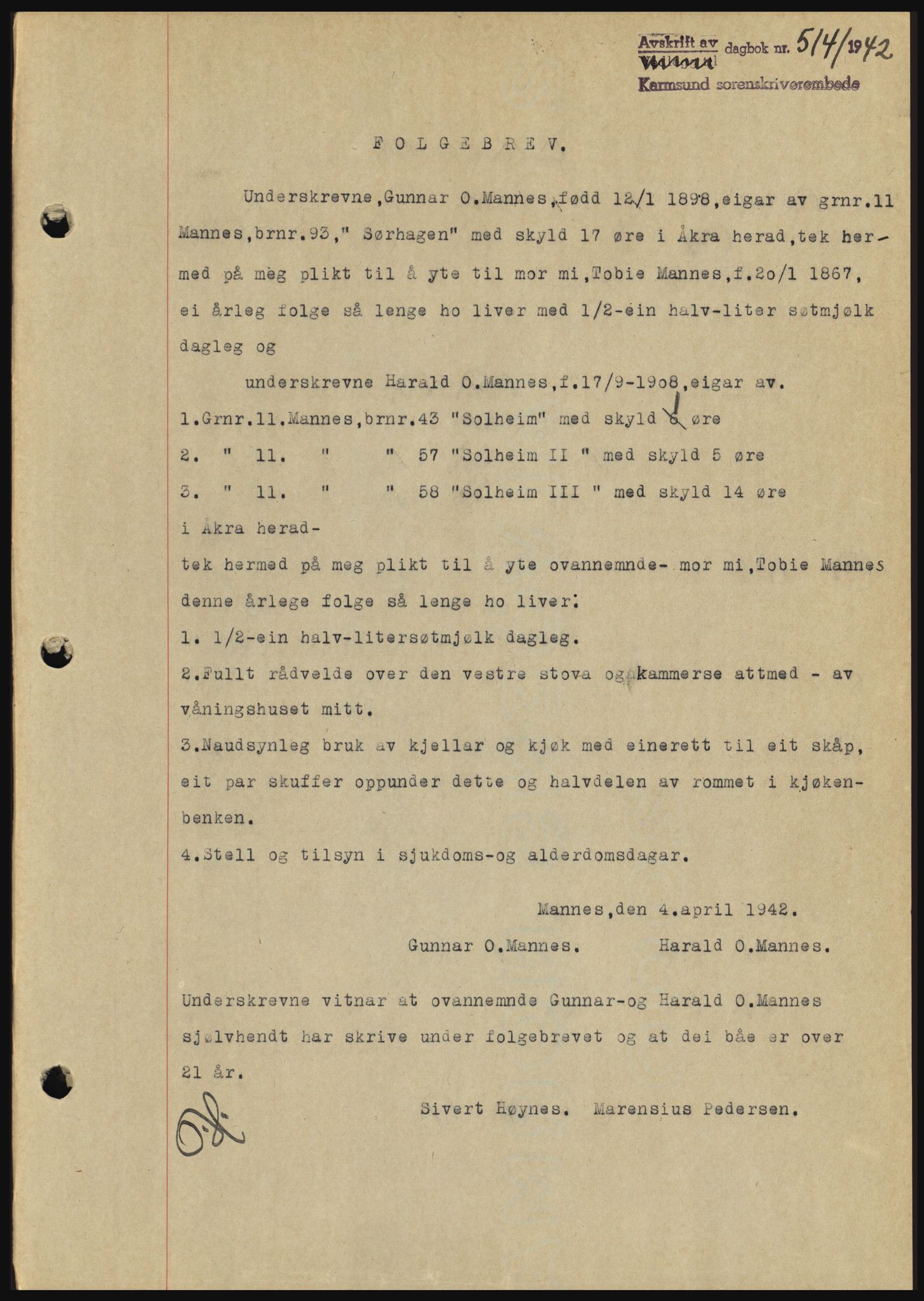 Karmsund sorenskriveri, SAST/A-100311/01/II/IIBBE/L0008: Pantebok nr. B 54, 1942-1943, Dagboknr: 514/1942