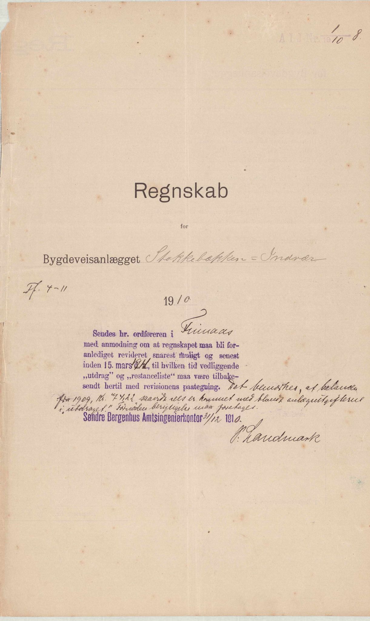 Finnaas kommune. Formannskapet, IKAH/1218a-021/E/Ea/L0001/0001: Rekneskap for veganlegg / Rekneskap for veganlegget Indvær - Stokkabakken, 1910-1915, s. 4