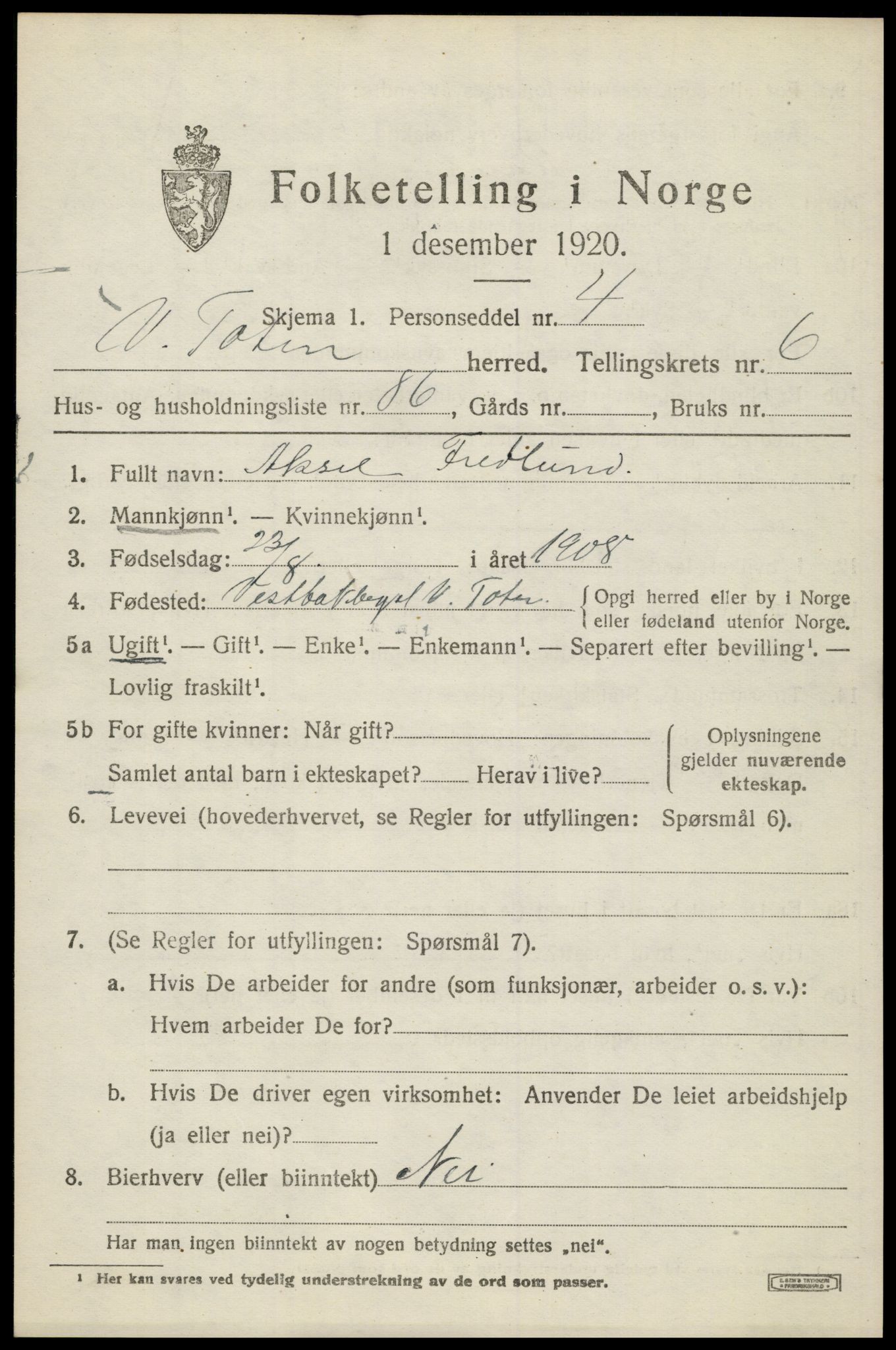 SAH, Folketelling 1920 for 0529 Vestre Toten herred, 1920, s. 9136