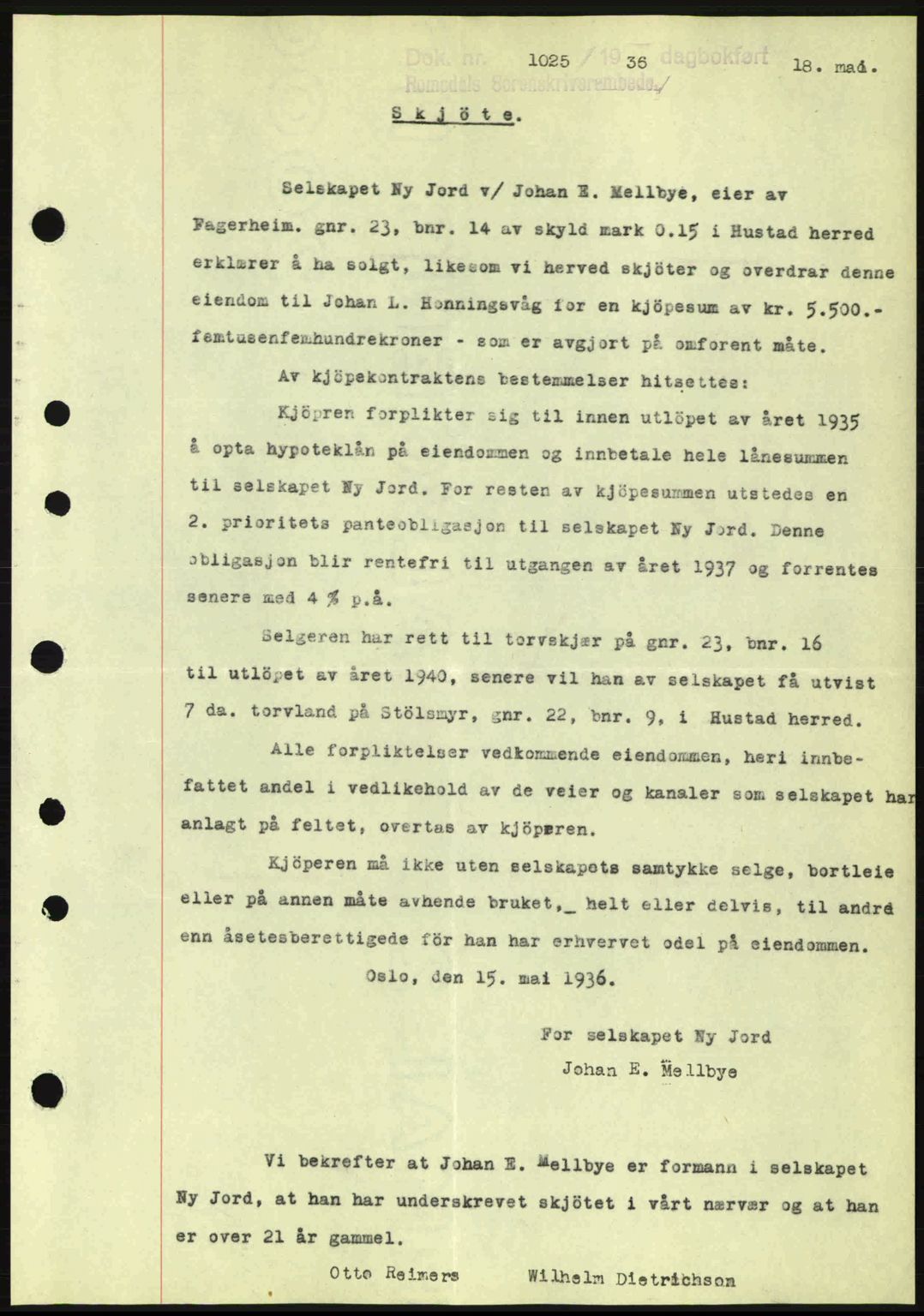 Romsdal sorenskriveri, SAT/A-4149/1/2/2C: Pantebok nr. A1, 1936-1936, Dagboknr: 1025/1936