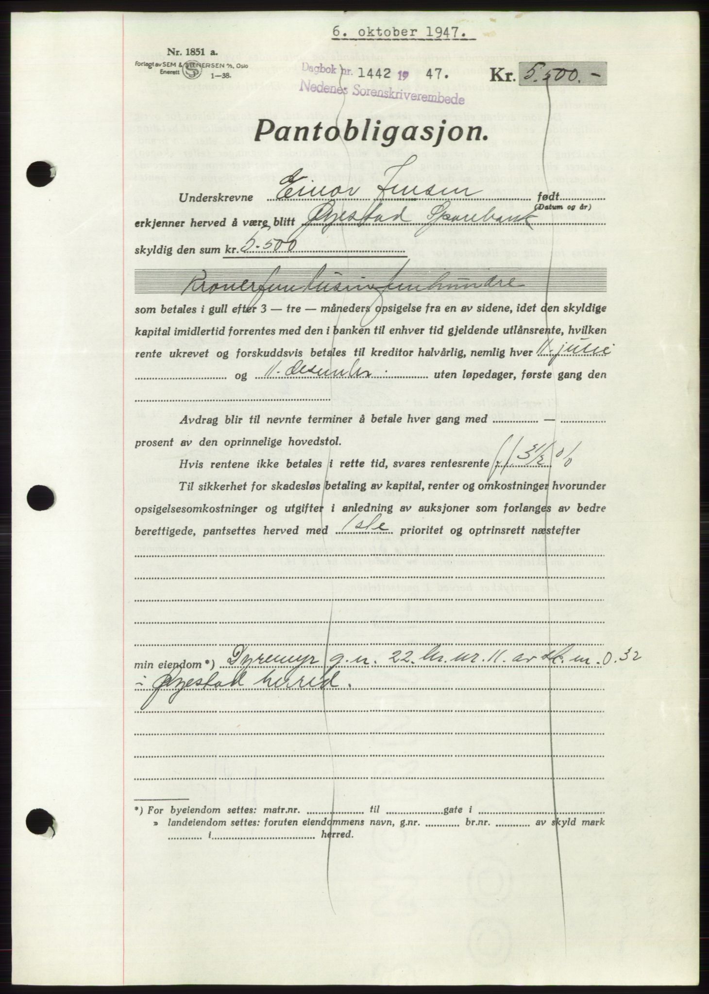 Nedenes sorenskriveri, SAK/1221-0006/G/Gb/Gbb/L0004: Pantebok nr. B4, 1947-1947, Dagboknr: 1442/1947
