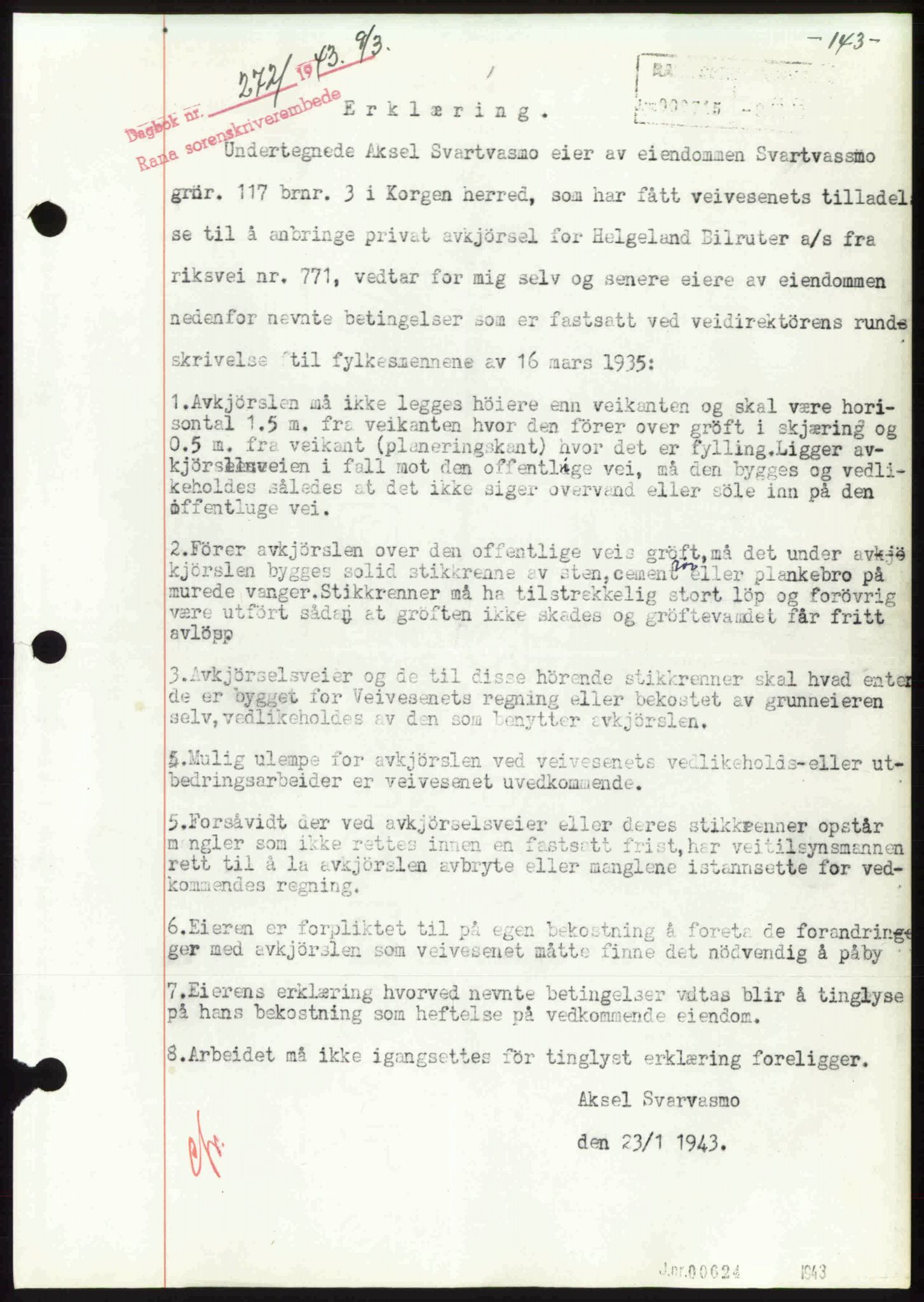 Rana sorenskriveri , SAT/A-1108/1/2/2C: Pantebok nr. A 10, 1942-1943, Dagboknr: 272/1943