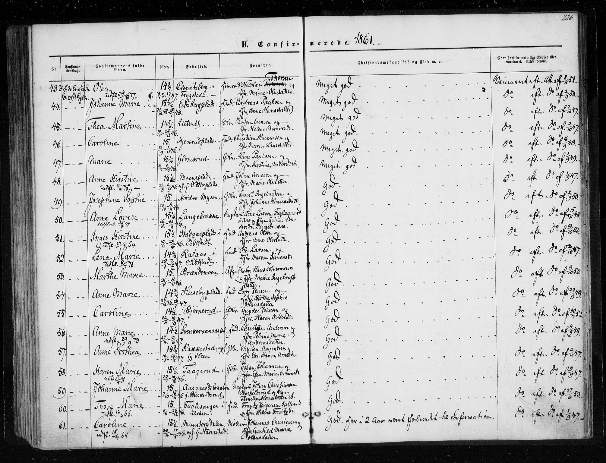 Eidsberg prestekontor Kirkebøker, AV/SAO-A-10905/F/Fa/L0010.a: Ministerialbok nr. I 10A, 1857-1866, s. 226