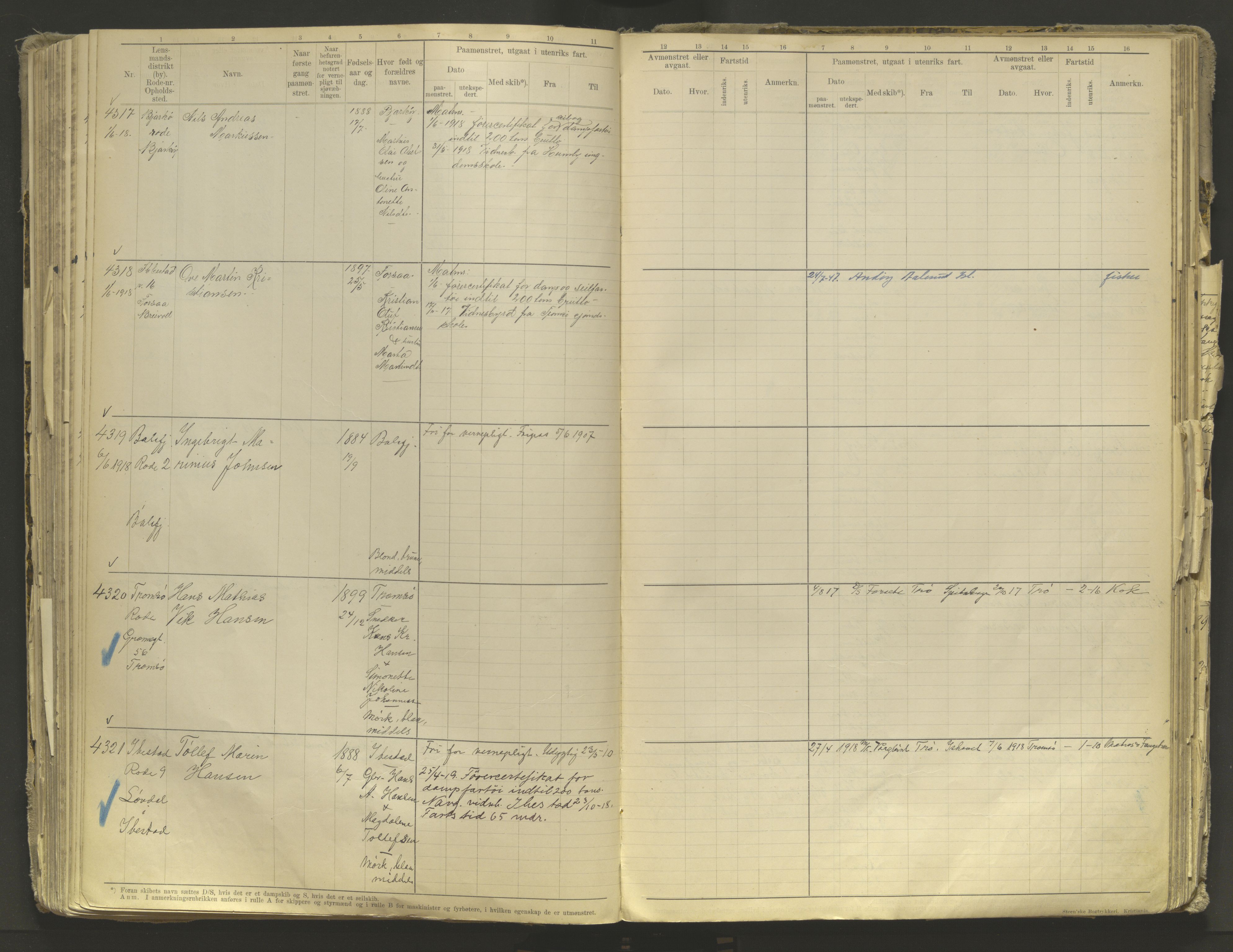 Tromsø sjømannskontor/innrullerings-/mønstringsdistrikt, AV/SATØ-S-0243/F/Fb/L0010: Annotasjonsrulle. Defekt: løs innbinding. Nr. 3519-4972, 1916-1920