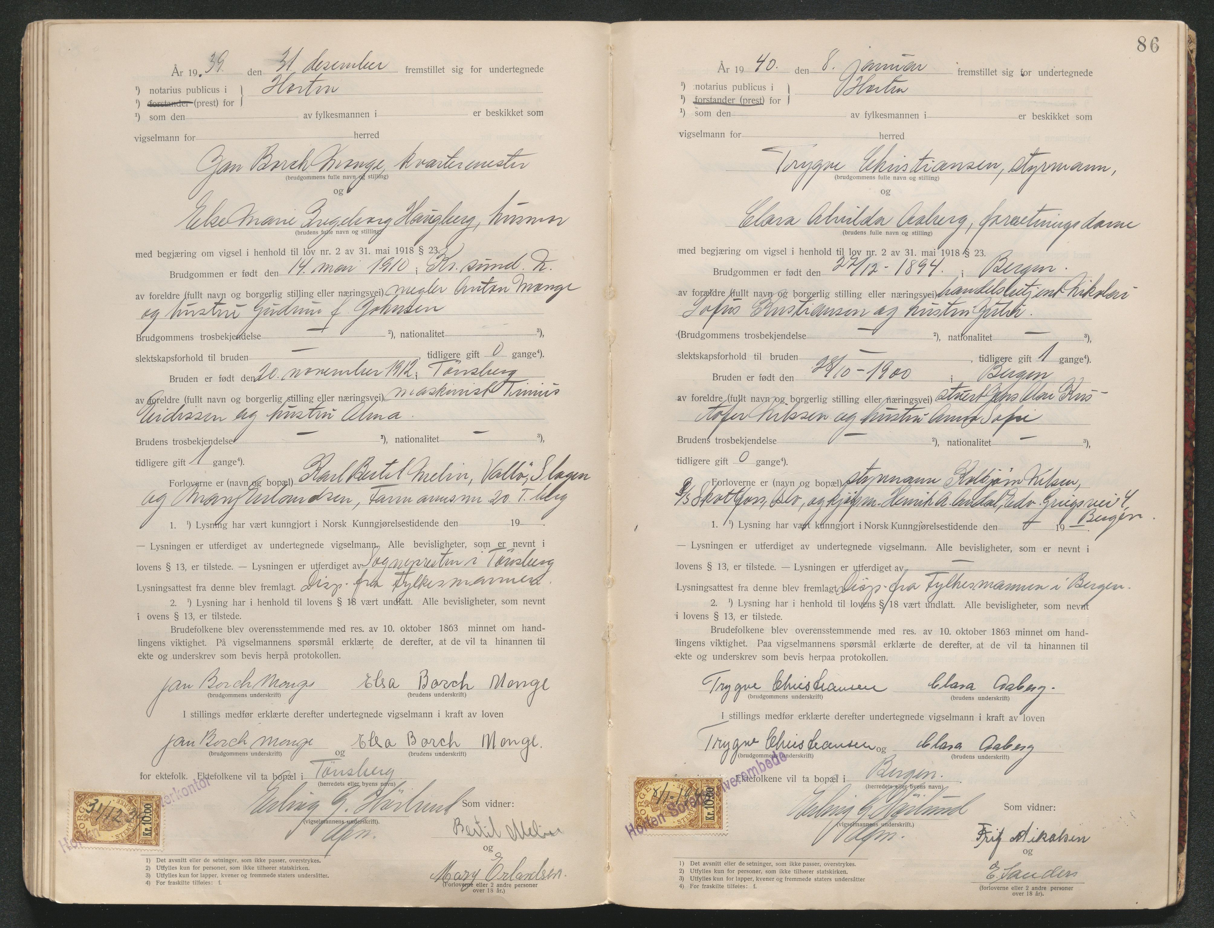 Horten sorenskriveri, AV/SAKO-A-133/L/Lc/L0001: Vigselsbok, 1920-1941, s. 88
