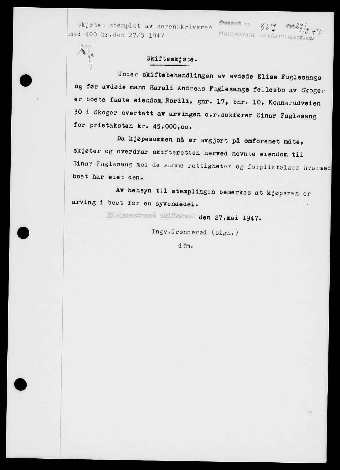 Holmestrand sorenskriveri, SAKO/A-67/G/Ga/Gaa/L0062: Pantebok nr. A-62, 1947-1947, Dagboknr: 867/1947