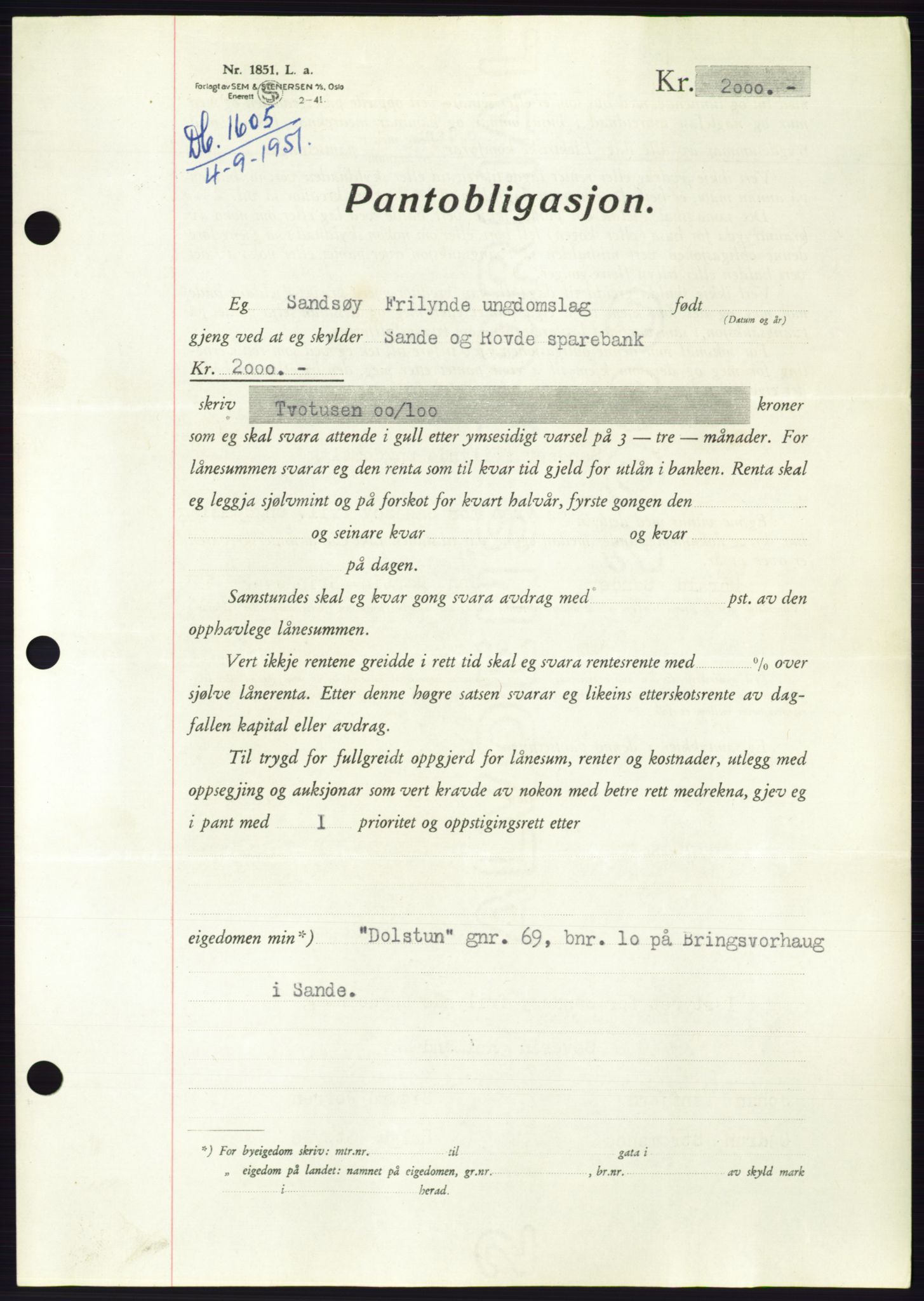 Søre Sunnmøre sorenskriveri, AV/SAT-A-4122/1/2/2C/L0120: Pantebok nr. 8B, 1951-1951, Dagboknr: 1605/1951