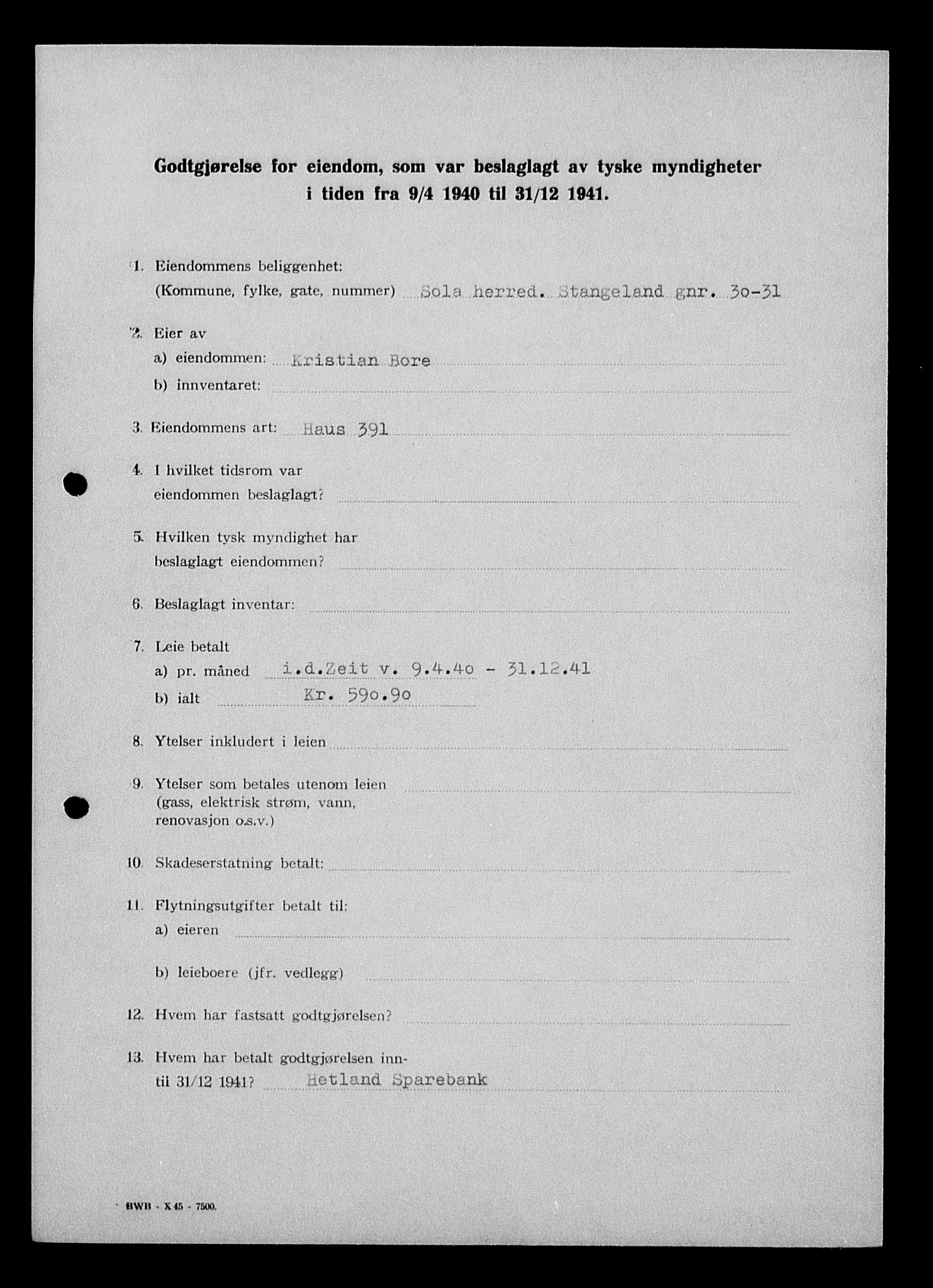 Justisdepartementet, Tilbakeføringskontoret for inndratte formuer, AV/RA-S-1564/I/L1014: Godtgjørelse for beslaglagt eiendom, 1940-1941, s. 195