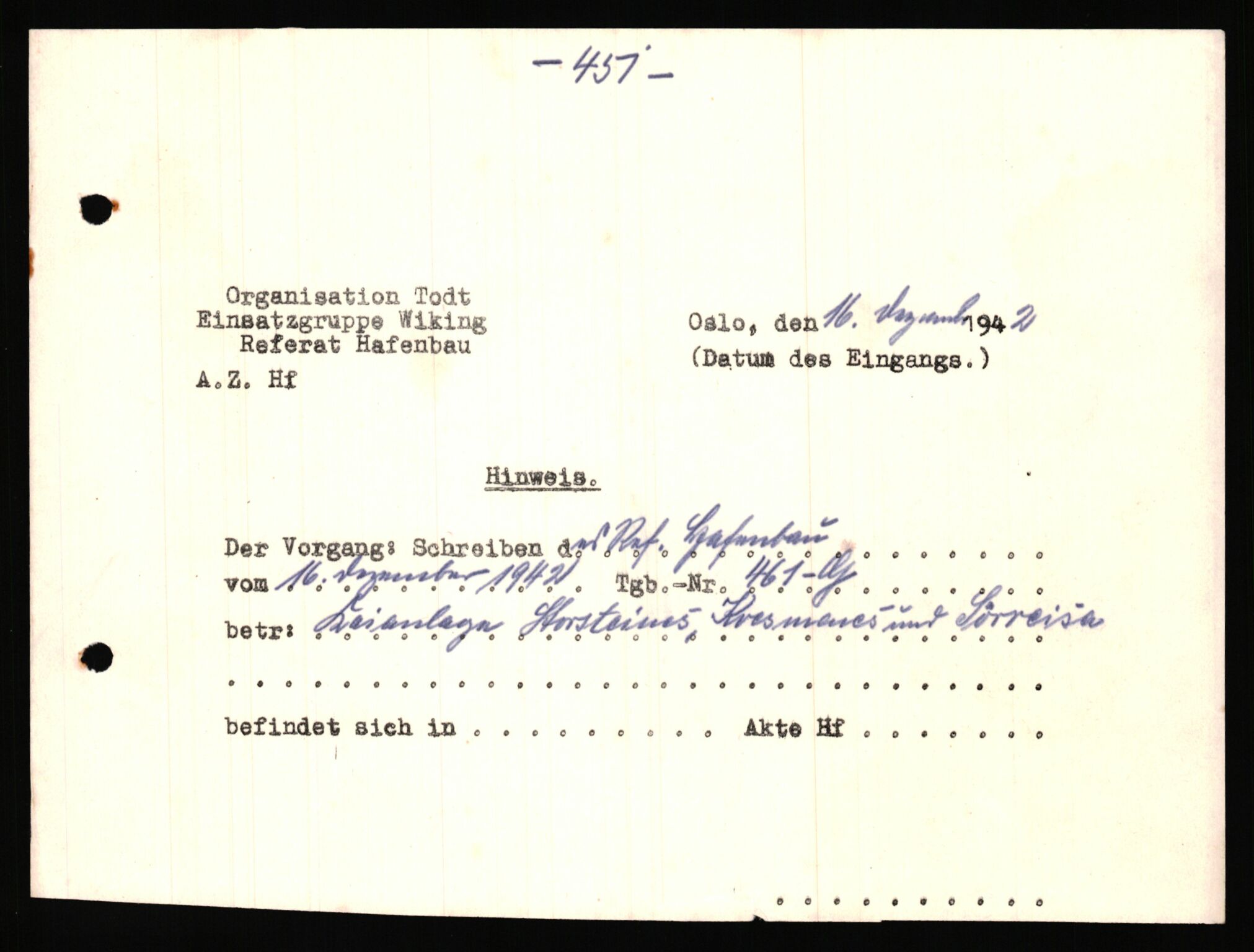 Tyske arkiver, Organisation Todt (OT), Einsatzgruppe Wiking, AV/RA-RAFA-2188/1/E/E6/E6a/L0008: Oberbauleitung Narvik: Arkivkode 451-483, 1940-1945, s. 7