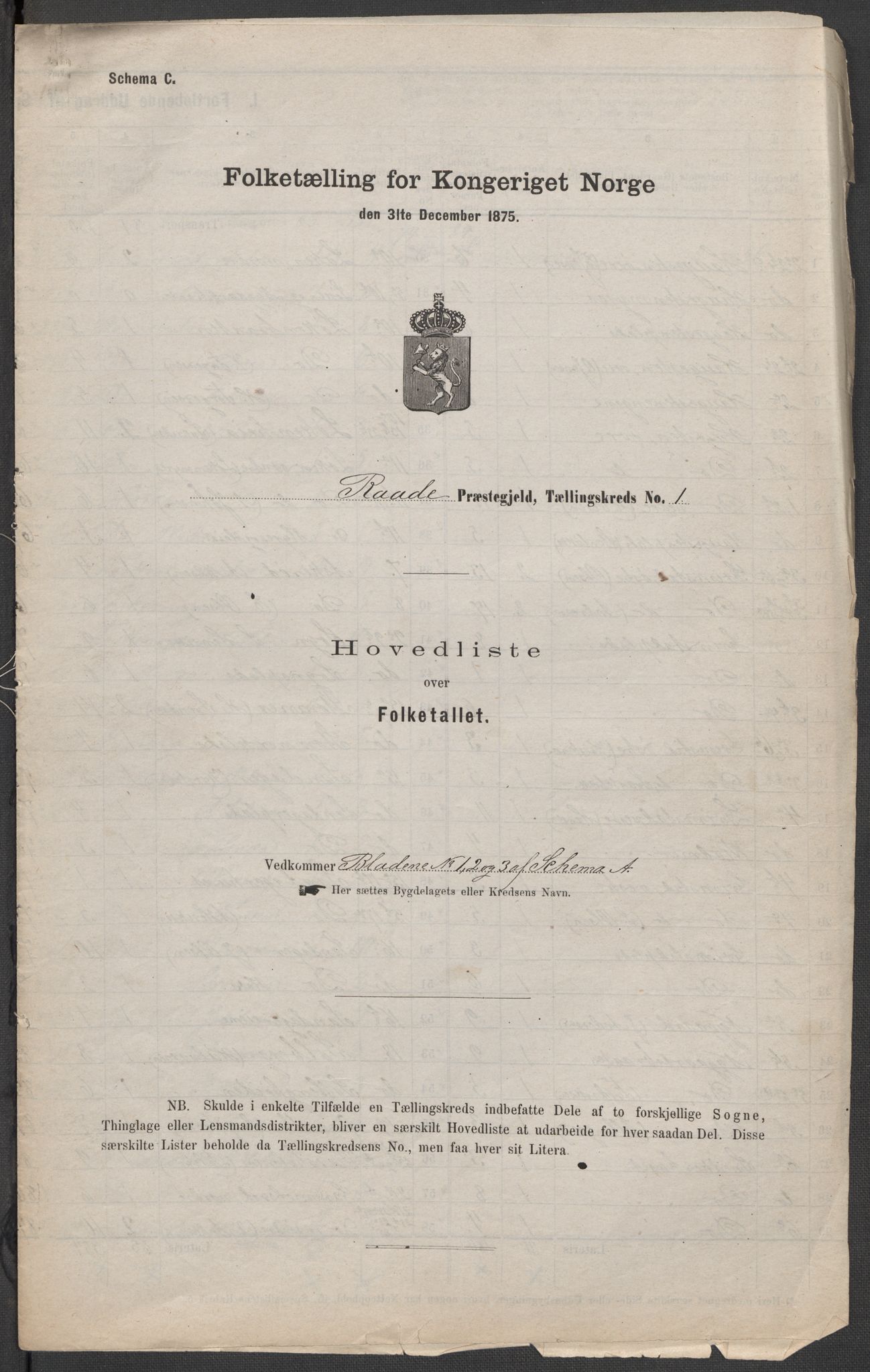 RA, Folketelling 1875 for 0135P Råde prestegjeld, 1875, s. 1