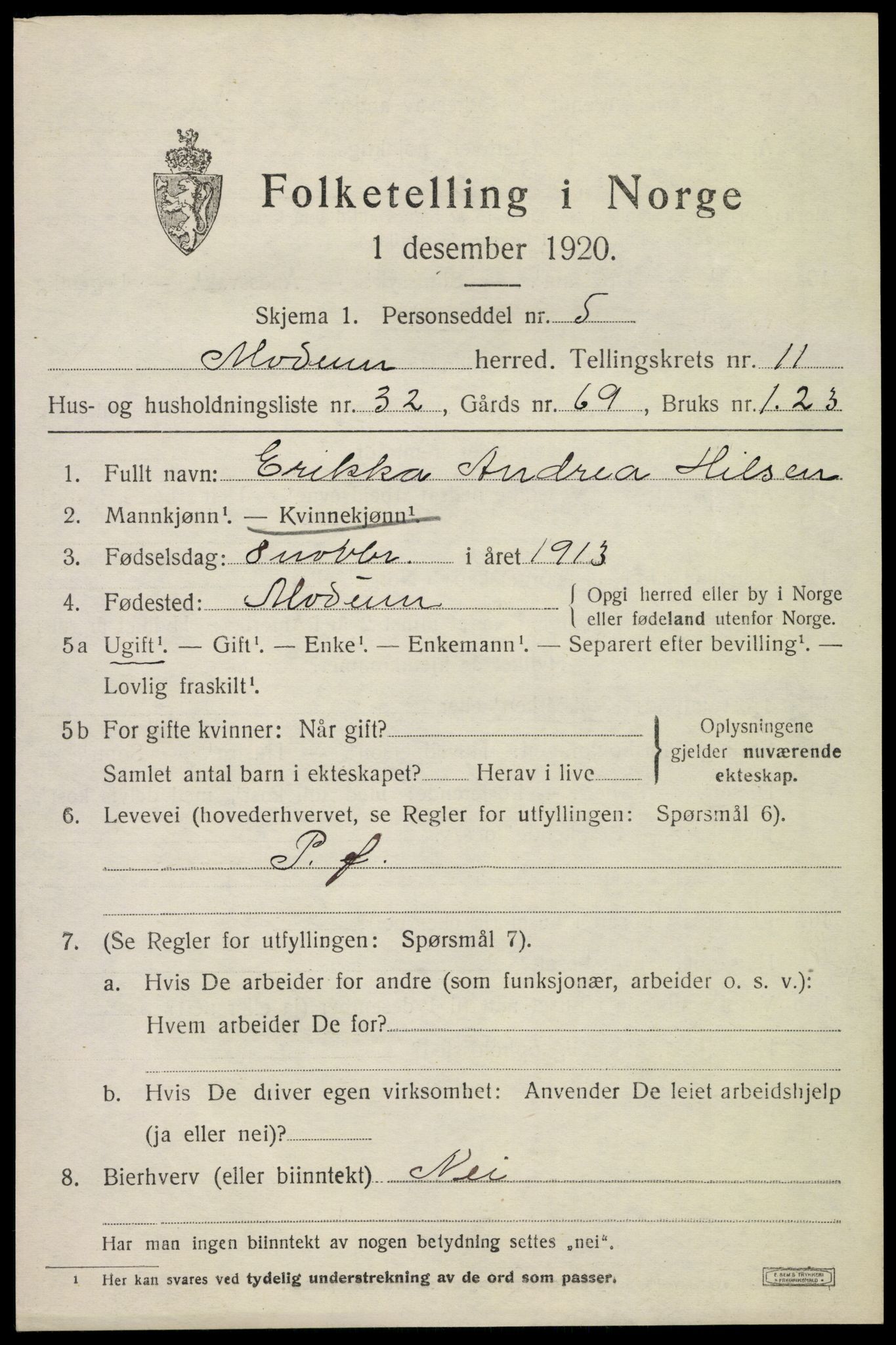 SAKO, Folketelling 1920 for 0623 Modum herred, 1920, s. 14085