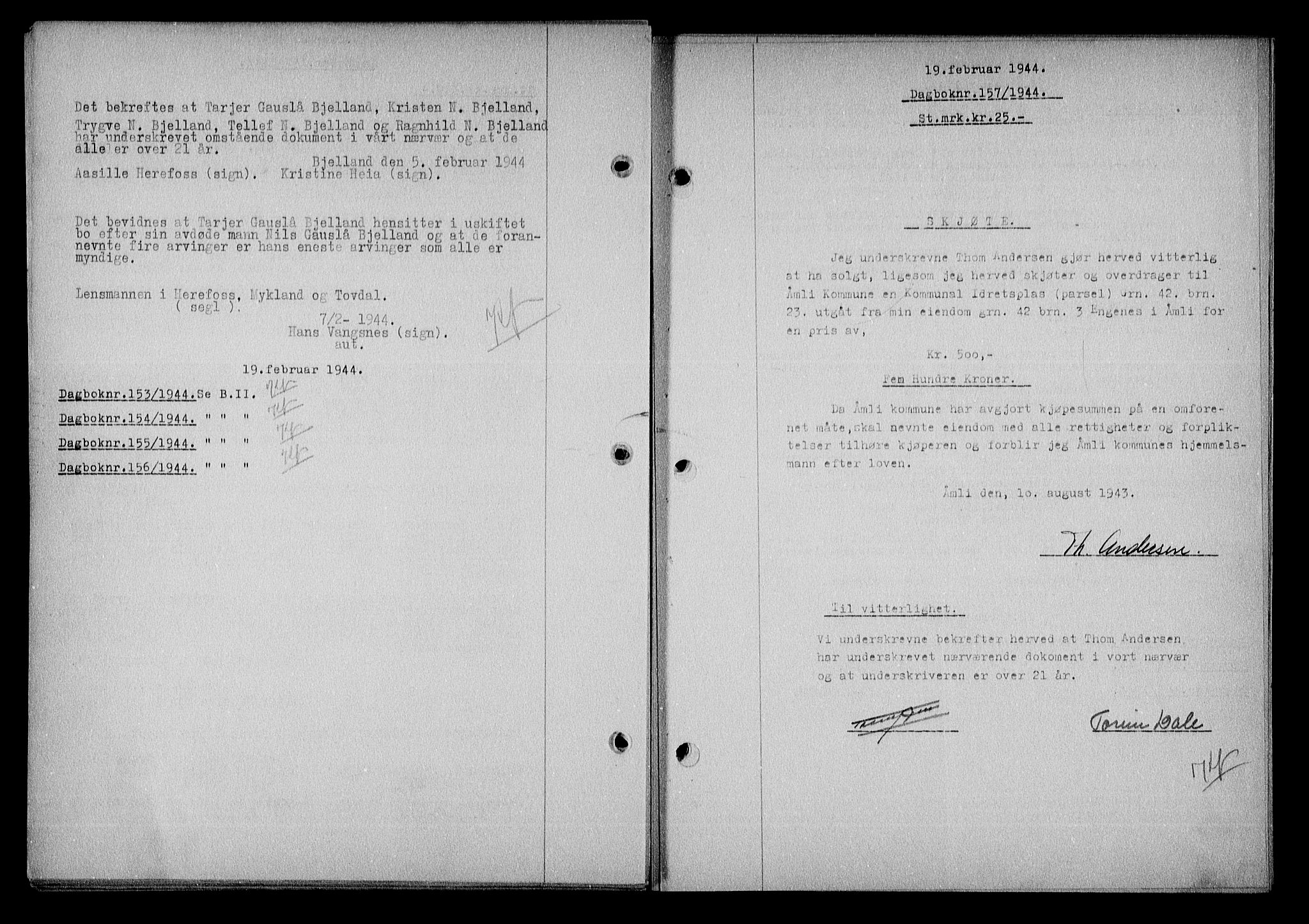 Nedenes sorenskriveri, SAK/1221-0006/G/Gb/Gba/L0051: Pantebok nr. A-V, 1943-1944, Dagboknr: 157/1944