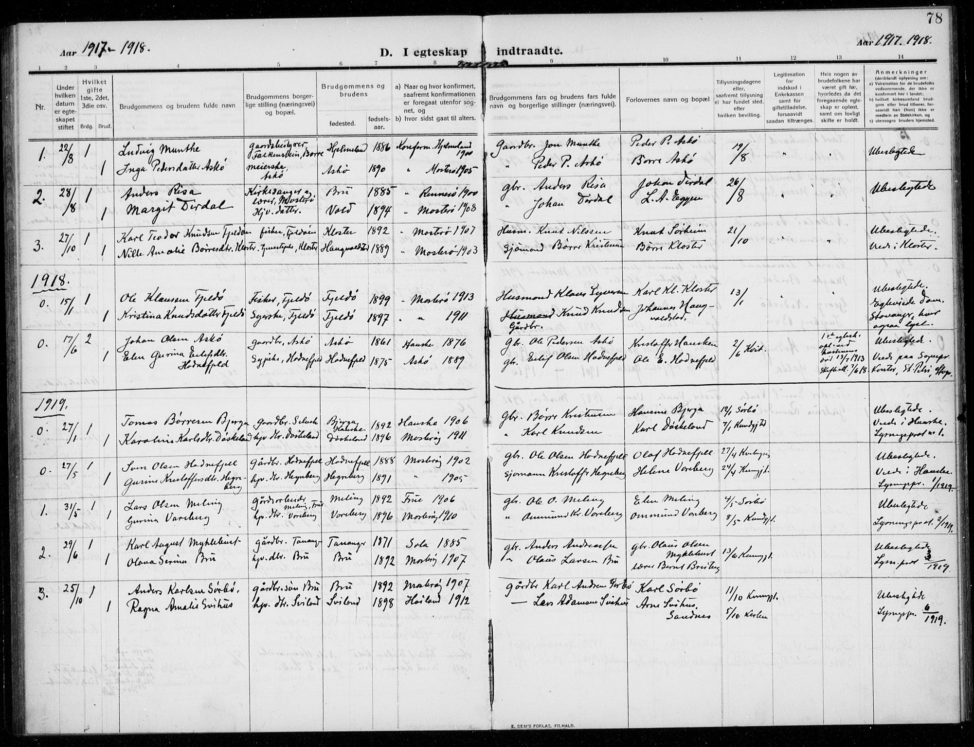 Rennesøy sokneprestkontor, AV/SAST-A -101827/H/Ha/Haa/L0017: Ministerialbok nr. A 17, 1908-1926, s. 78