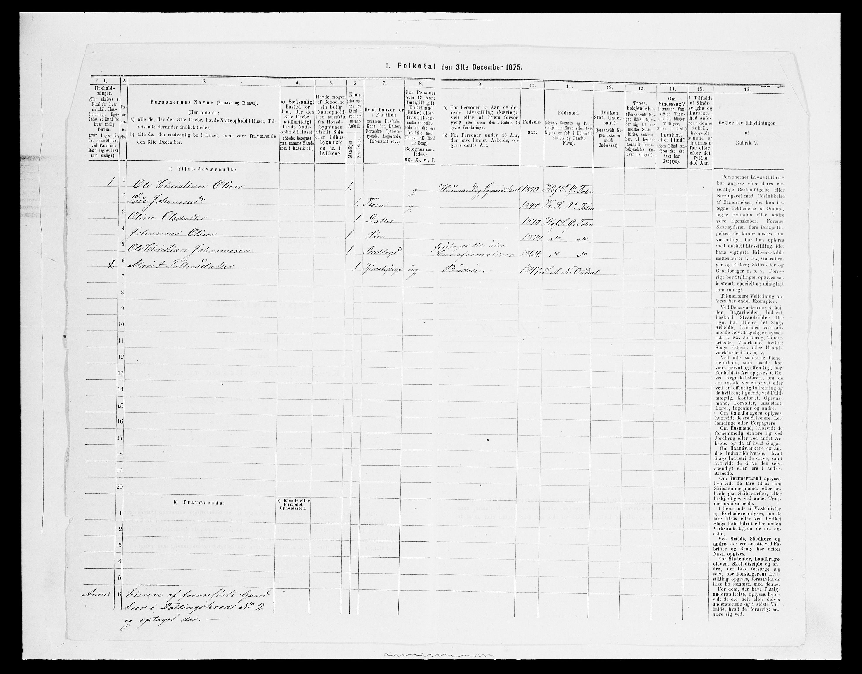 SAH, Folketelling 1875 for 0528P Østre Toten prestegjeld, 1875, s. 1616