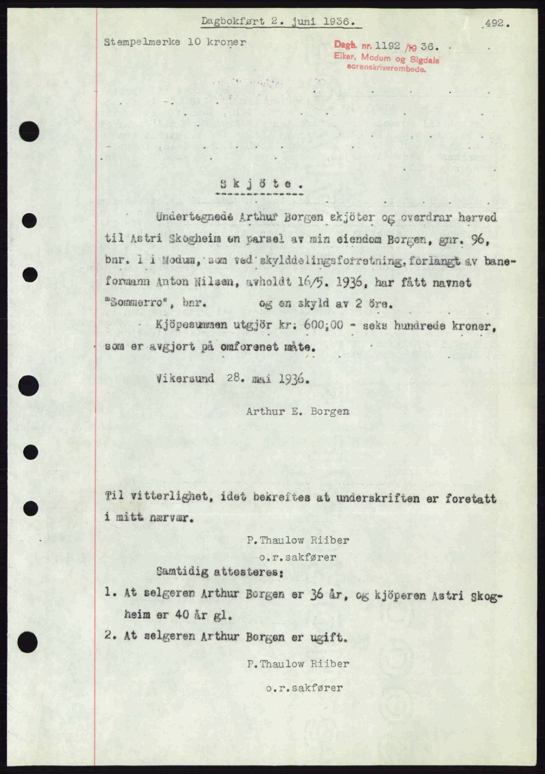 Eiker, Modum og Sigdal sorenskriveri, SAKO/A-123/G/Ga/Gab/L0032: Pantebok nr. A2, 1936-1936, Dagboknr: 1192/1936