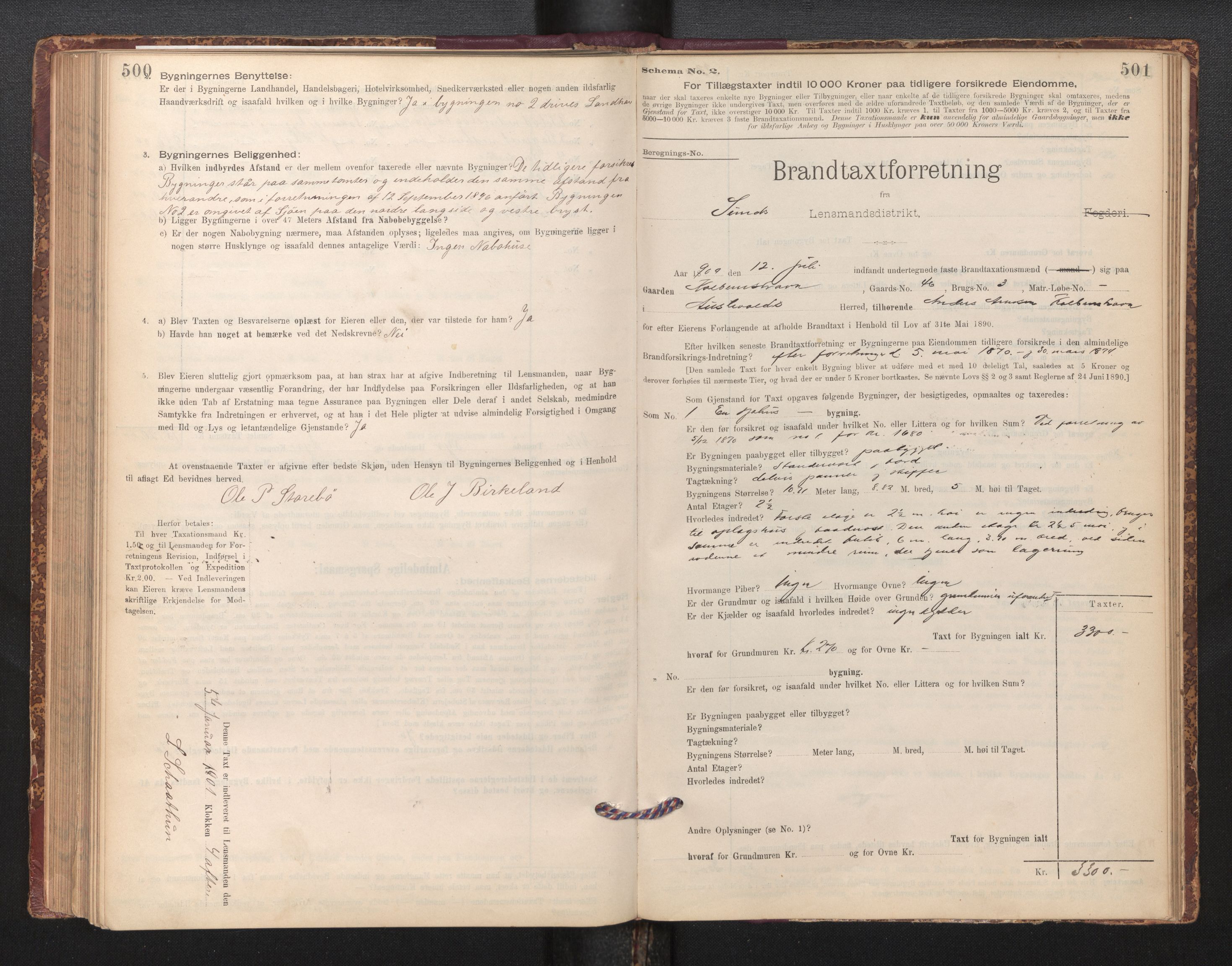 Lensmannen i Sund og Austevoll, SAB/A-35201/0012/L0003: Branntakstprotokoll, skjematakst, 1894-1917, s. 500-501